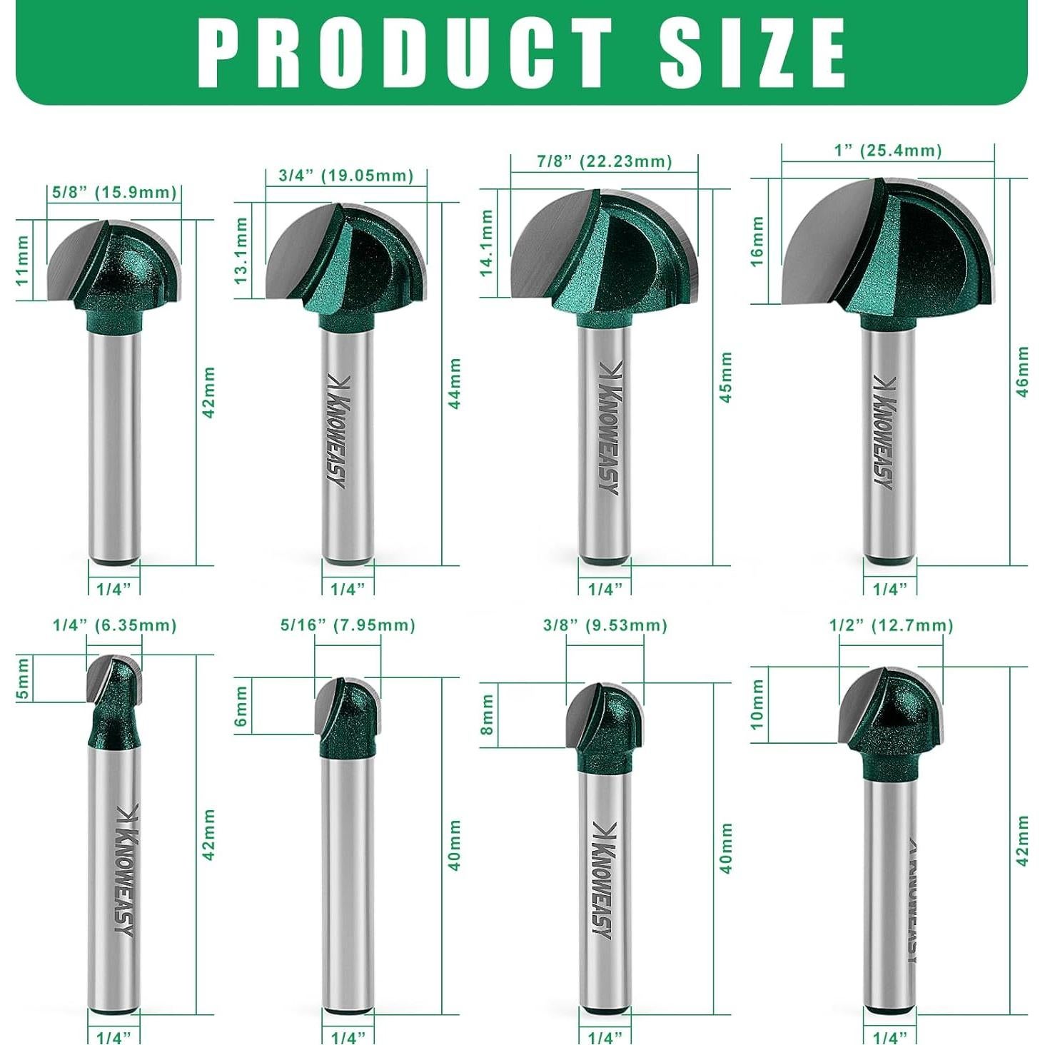 Conjunto de 8 Fresas de Carburo Knoweasy 1/4" para Madera