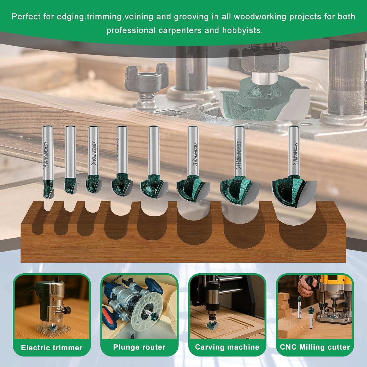 Conjunto de 8 Fresas de Carburo Knoweasy 1/4" para Madera