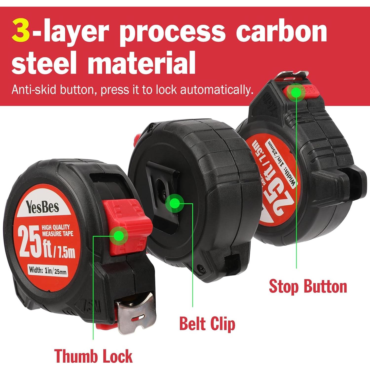 Cinta Métrica Retráctil 25 pies (7.62 m) YesBes - Paquete de 10