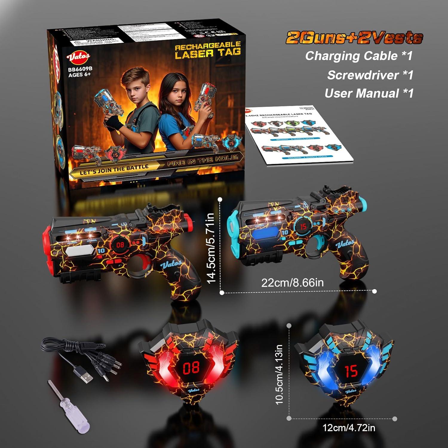 Conjunto Laser Tag Recargable VATOS para 2 Jugadores - 2 Pistolas y 2 Chalecos