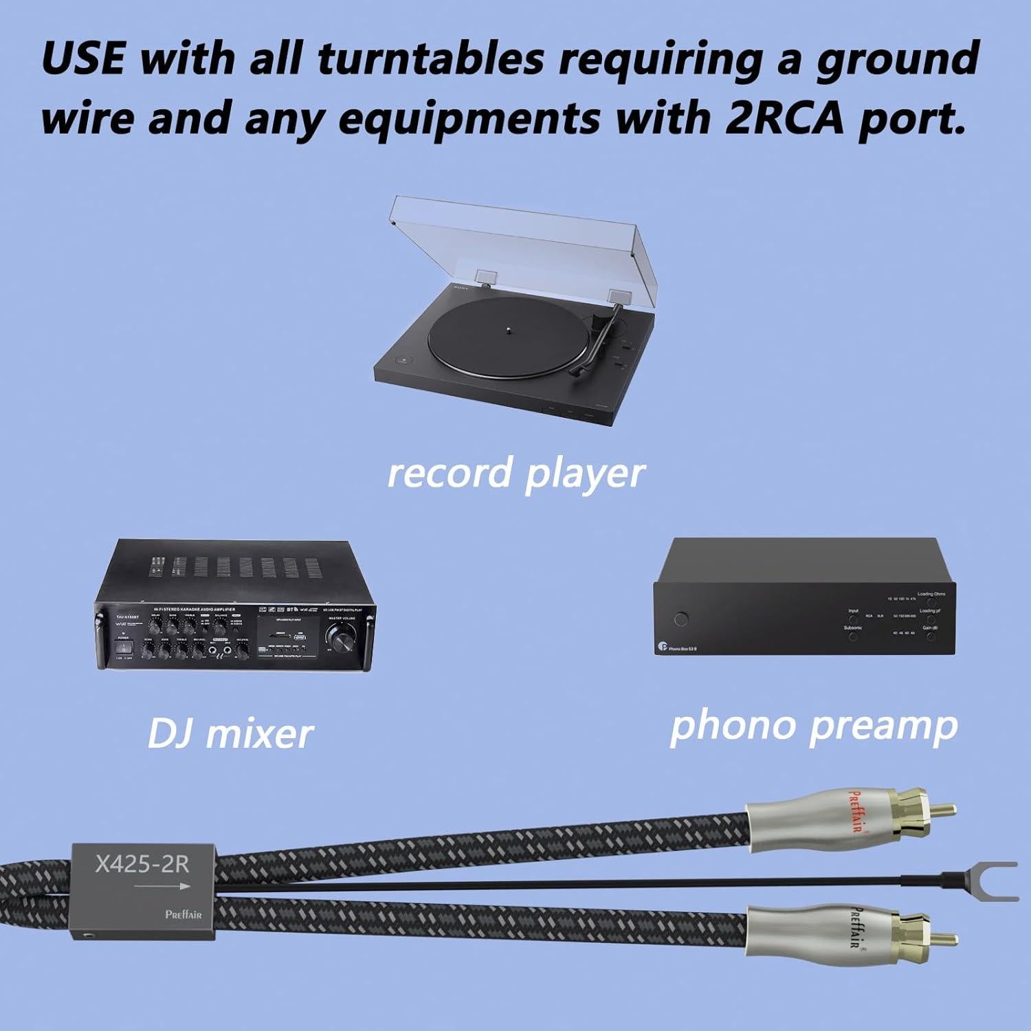 Cable de Tornamesa Preffair X425-2R 1m RCA con Tierra