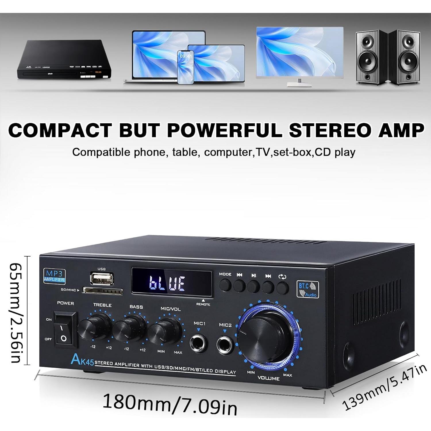 Amplificador Estéreo WOOPKER AK45 300W 2 Canales Bluetooth