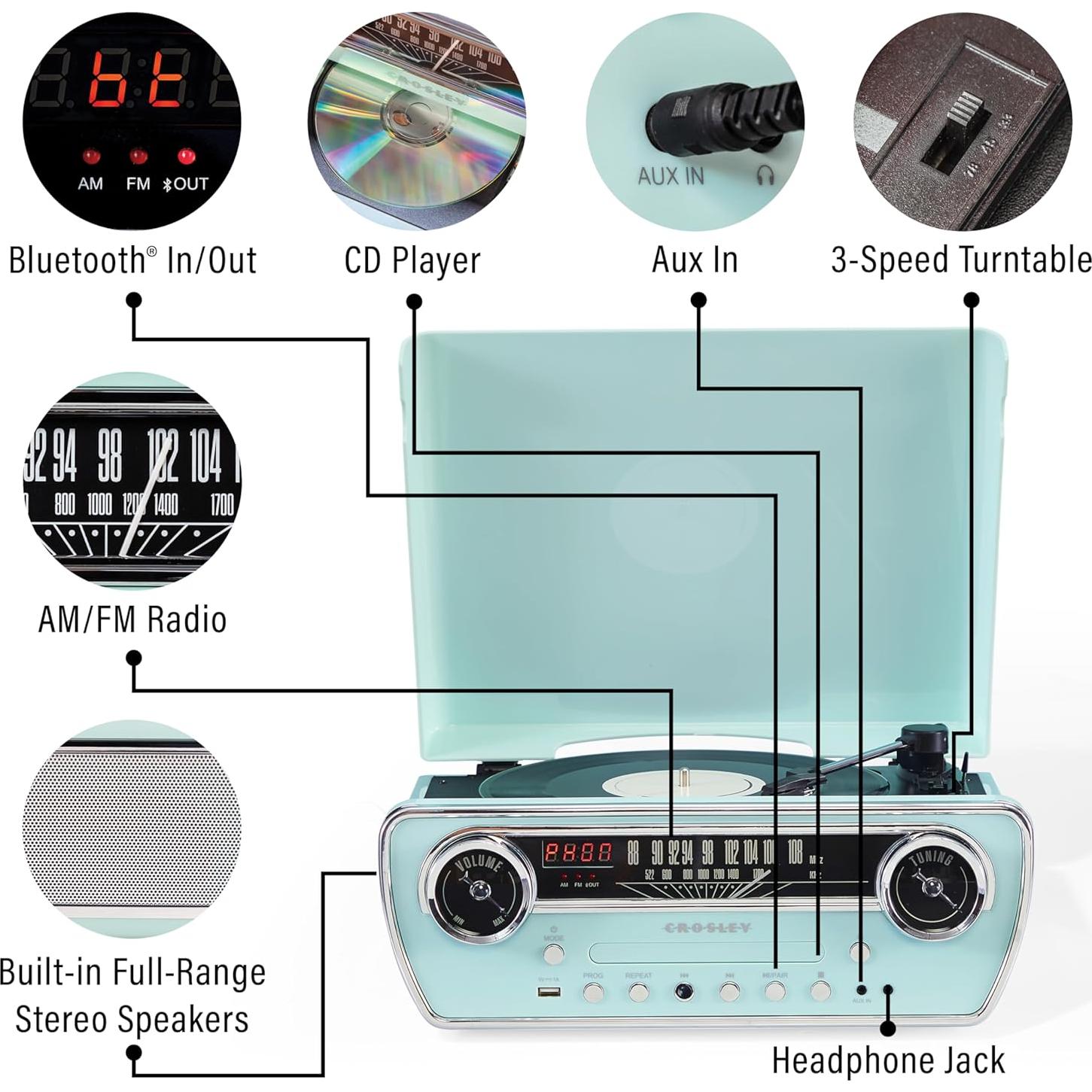 Reproductor de Vinilo 7-en-1 Crosley CR6047A-AB Bluetooth Azul Aqua