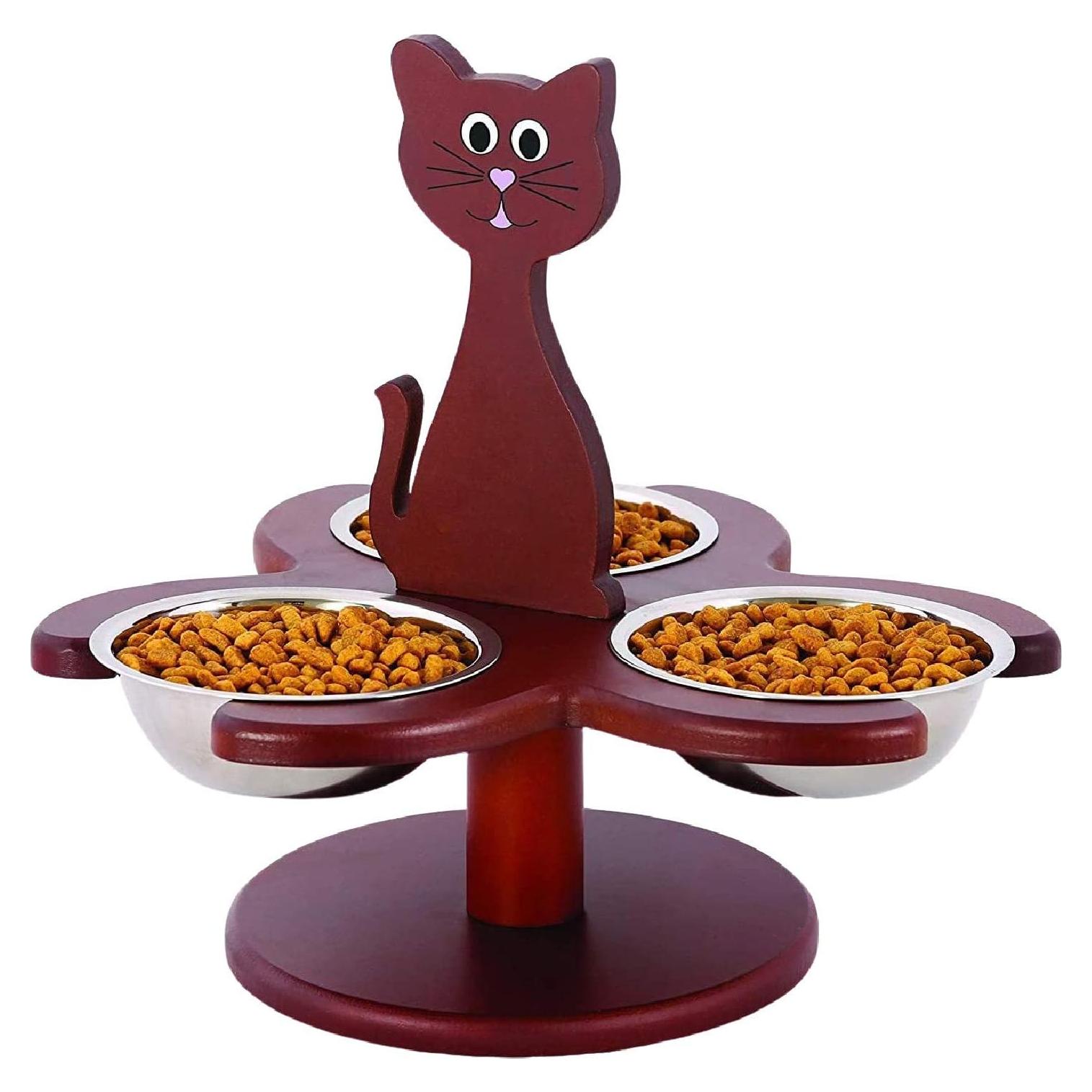Alimentador Elevado para Gatos Etna con 3 Cuencos de Madera