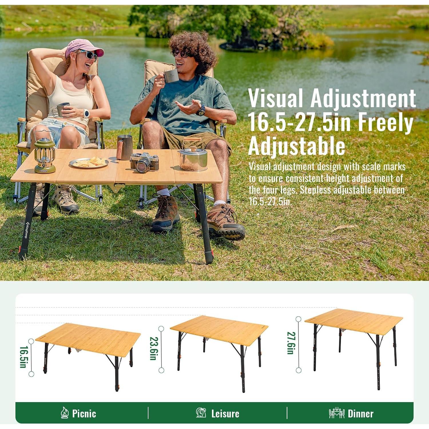 Mesa Plegable KingCamp de Bambú Ajustable 100x70 cm