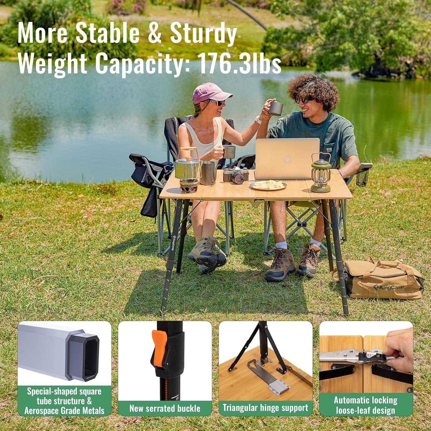 Mesa Plegable KingCamp de Bambú Ajustable 100x70 cm