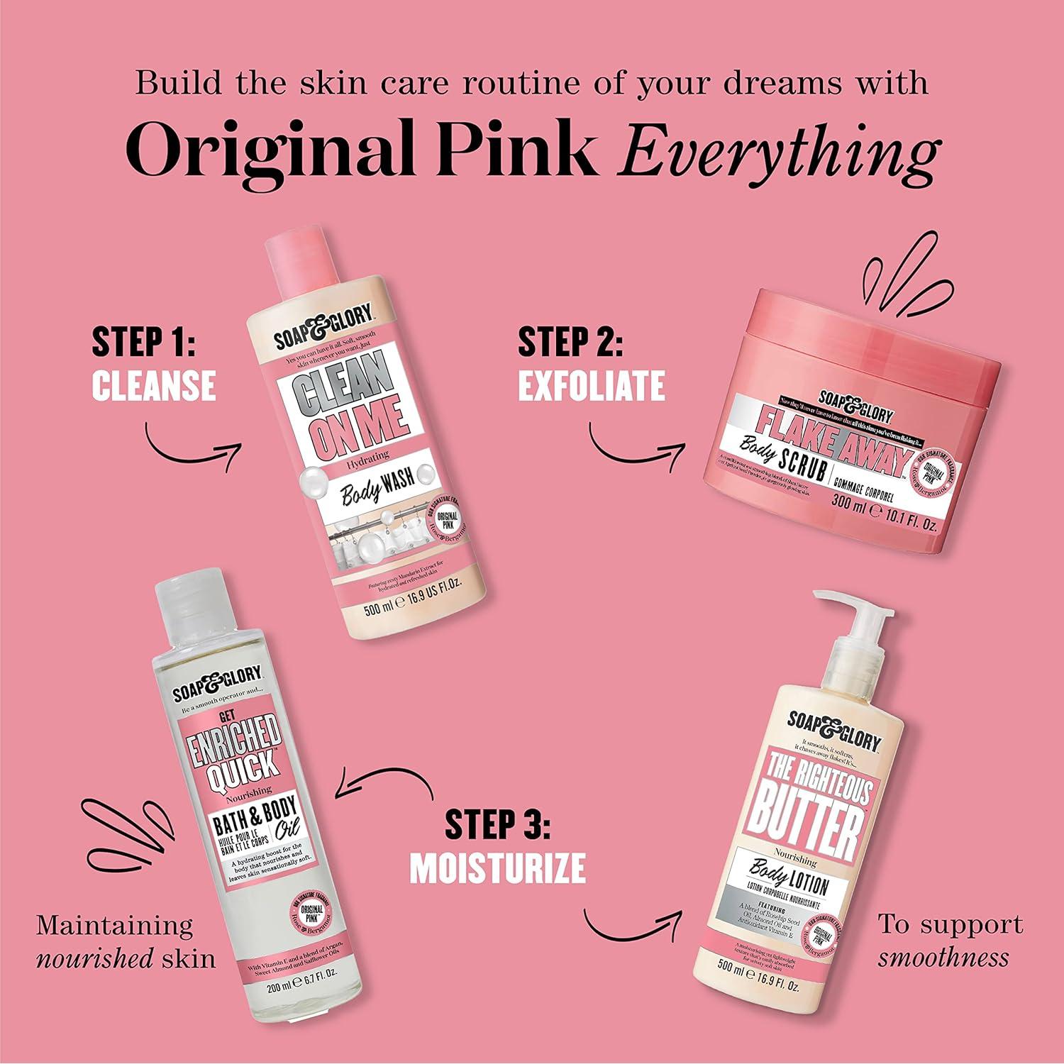 Soap & Glory Original Pink Clean On Me Body Wash - Rich, Creamy Shower Soap with Built-In Body Lotion for Maximum Hydration - Bergamot & Rose Scented Moisturizing Body Wash (75ml)