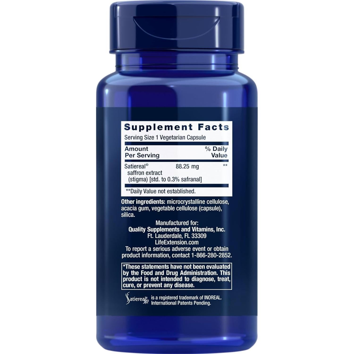 Extracto de Azafrán Satiereal Life Extension 90 Cápsulas Vegetarianas