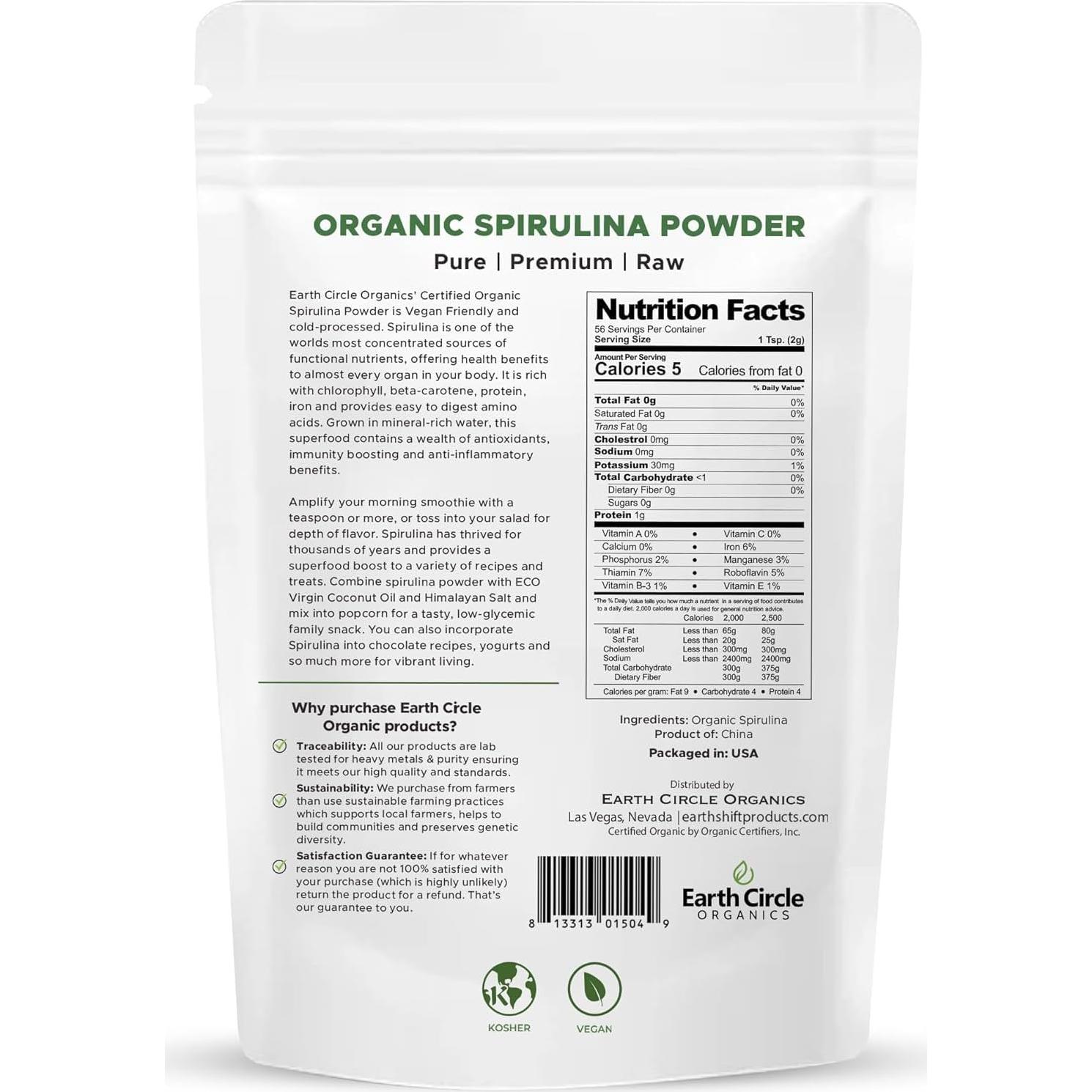 Polvo de Espirulina Cruda Kosher Earth Circle 113.4g - Superalimento