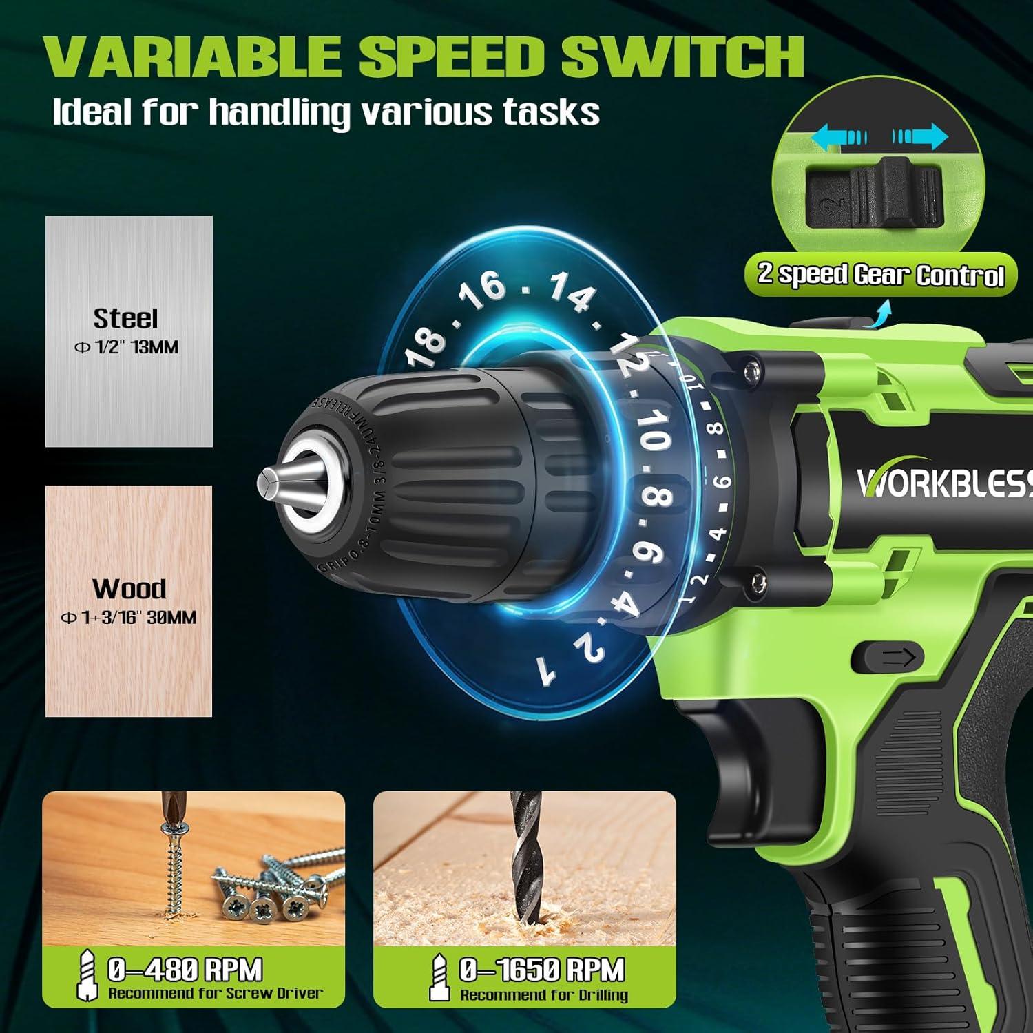 Taladro Inalámbrico WORKBLESS 21V con 2 Baterías y Cargador