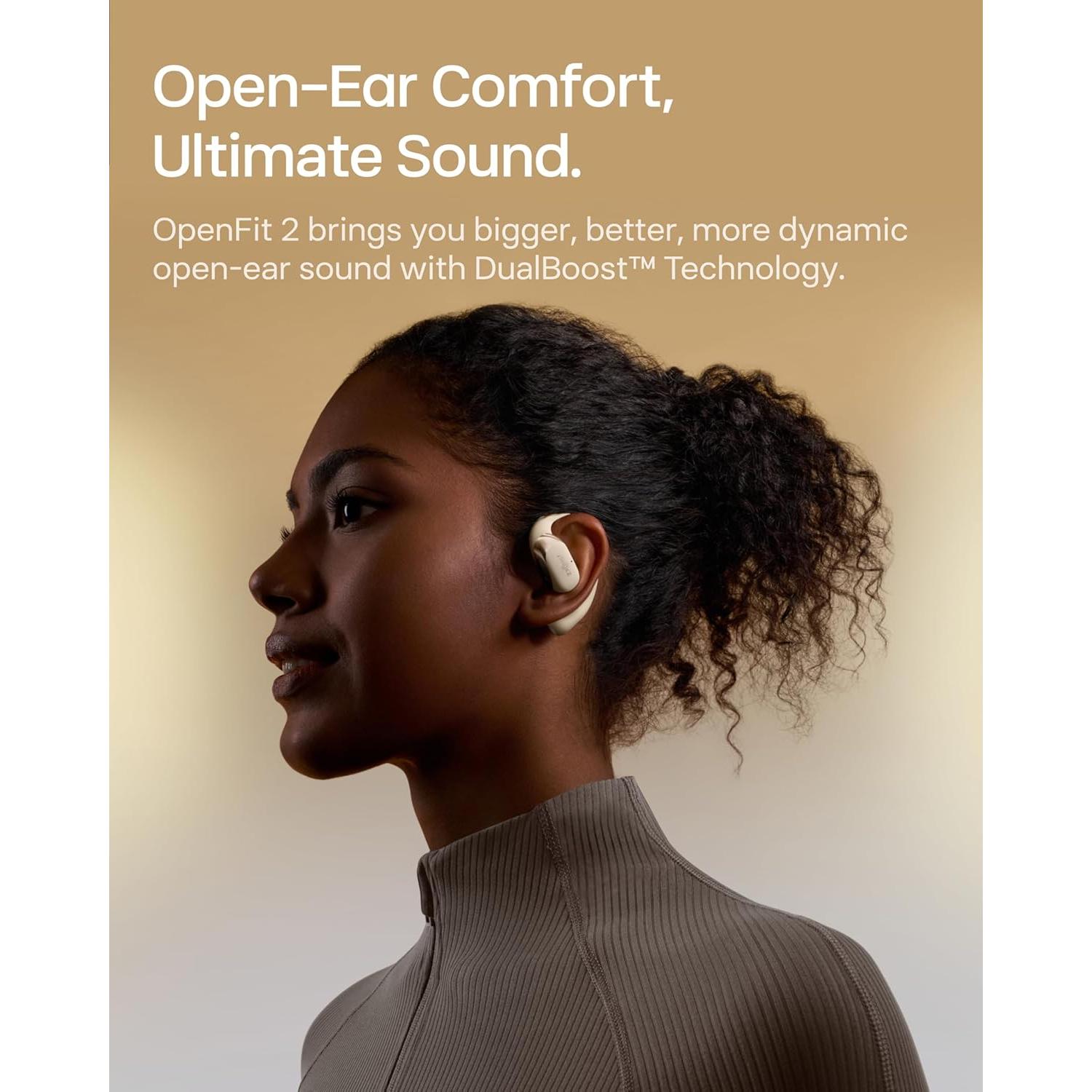 SHOKZ OpenFit 2 Open-Ear Headphones,True Wireless Bluetooth Earphones with Microphone,Earhook Earbuds with 48 Hours of Playtime,Fast Charging,IP55 Water-Resistant,with Carrying Bag,Beige,Bluetooth5.4