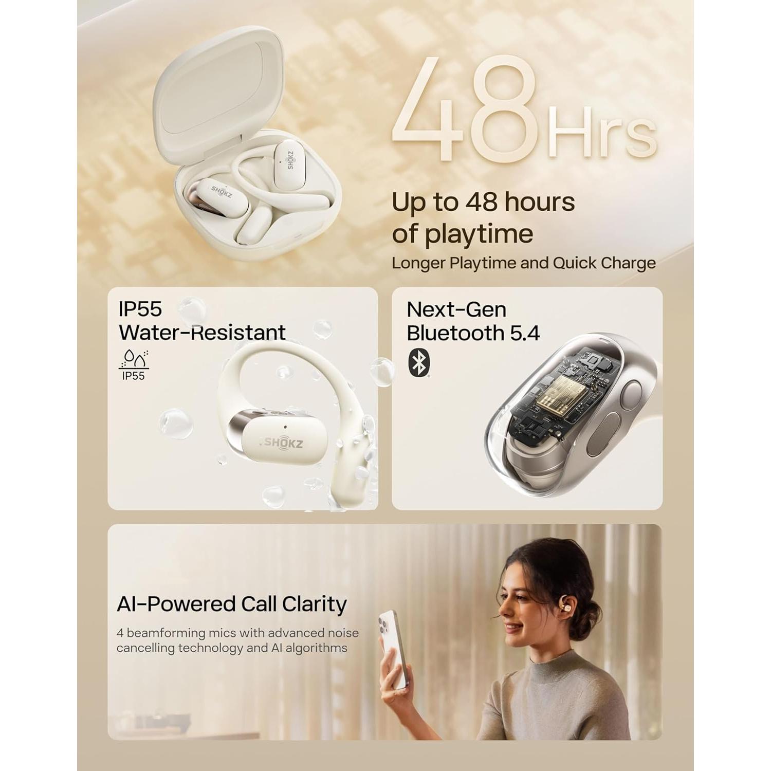 SHOKZ OpenFit 2 Open-Ear Headphones,True Wireless Bluetooth Earphones with Microphone,Earhook Earbuds with 48 Hours of Playtime,Fast Charging,IP55 Water-Resistant,with Carrying Bag,Beige,Bluetooth5.4