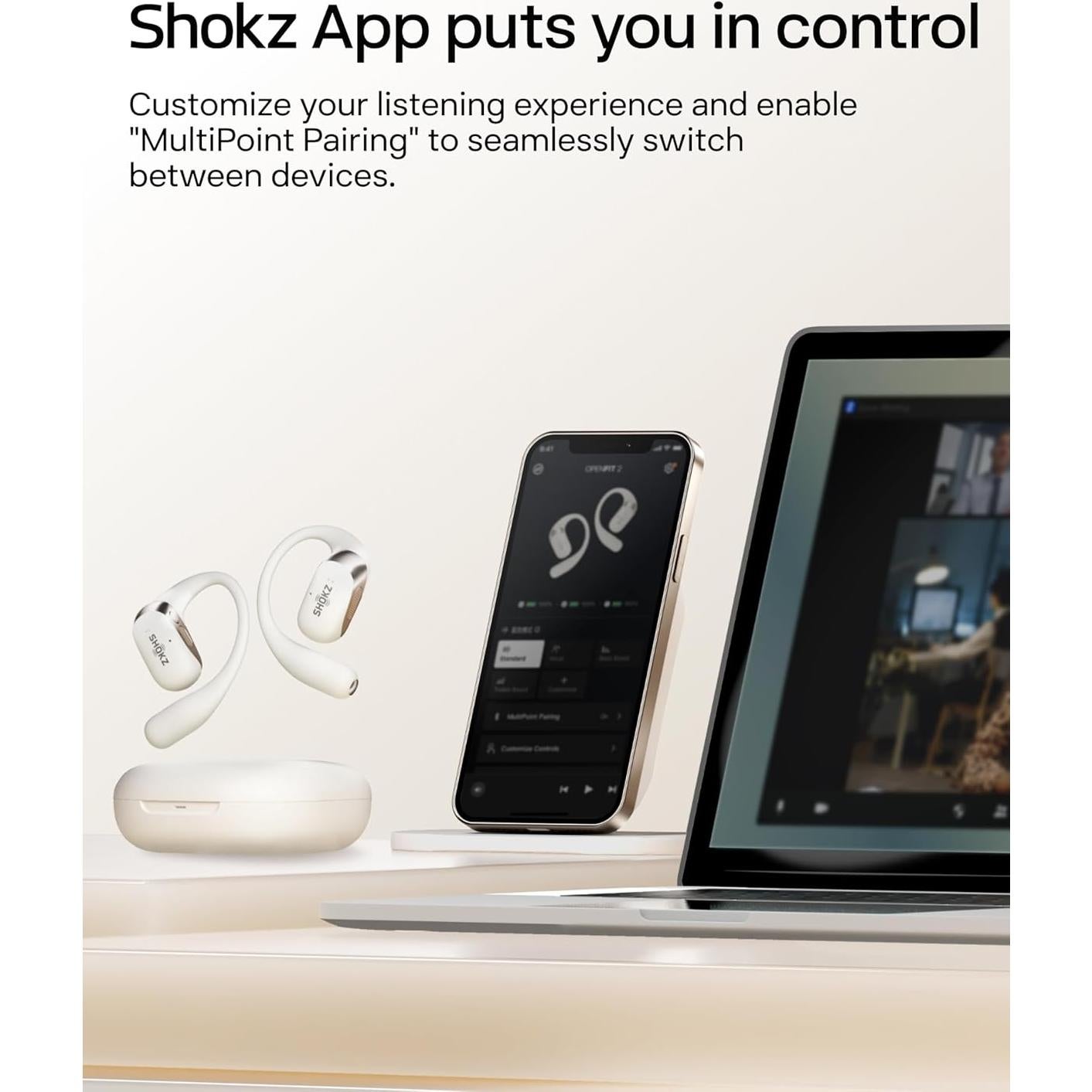 SHOKZ OpenFit 2 Open-Ear Headphones,True Wireless Bluetooth Earphones with Microphone,Earhook Earbuds with 48 Hours of Playtime,Fast Charging,IP55 Water-Resistant,with Carrying Bag,Beige,Bluetooth5.4