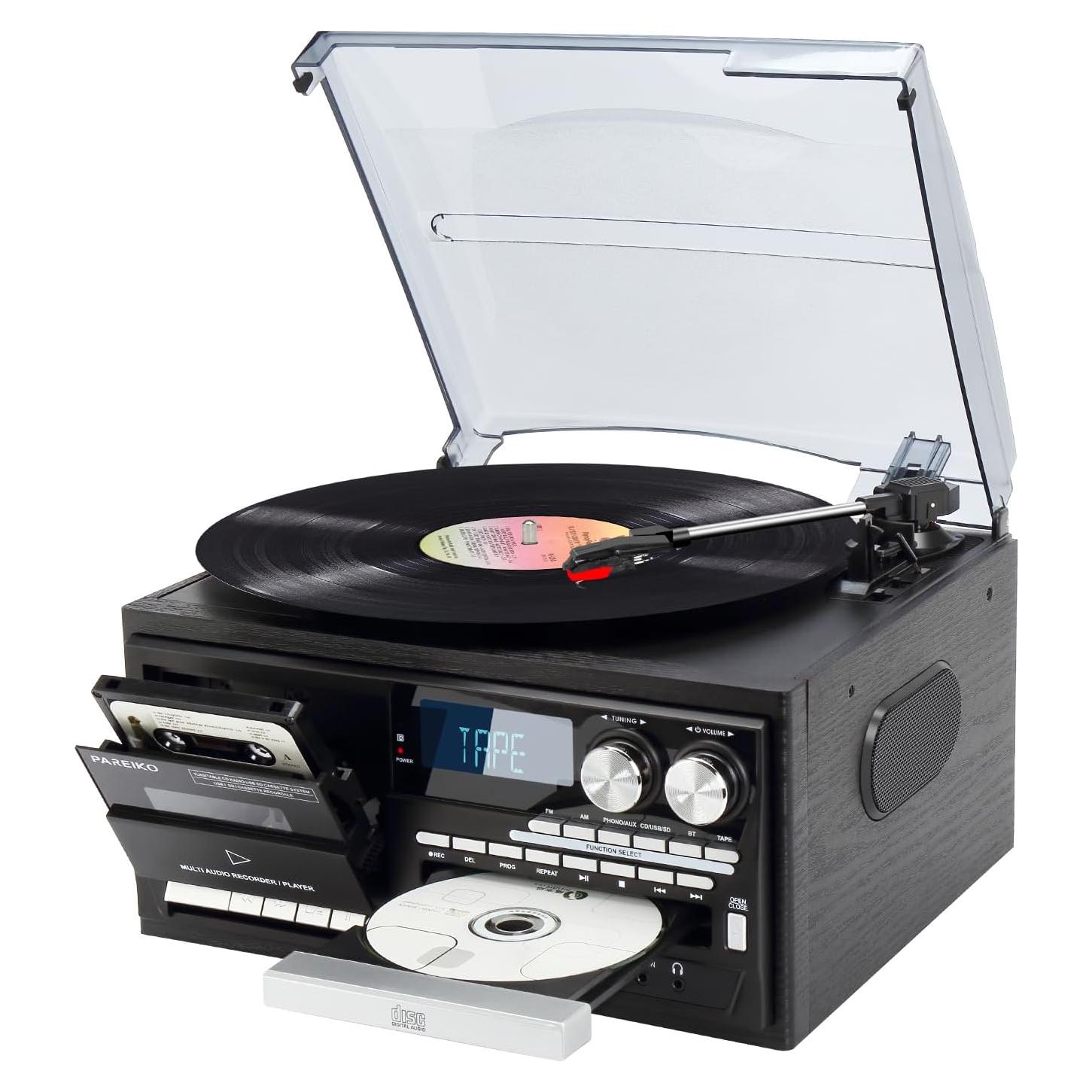 Tocadiscos Vintage 9-en-1 PAREIKO T408 Bluetooth Radio AM/FM