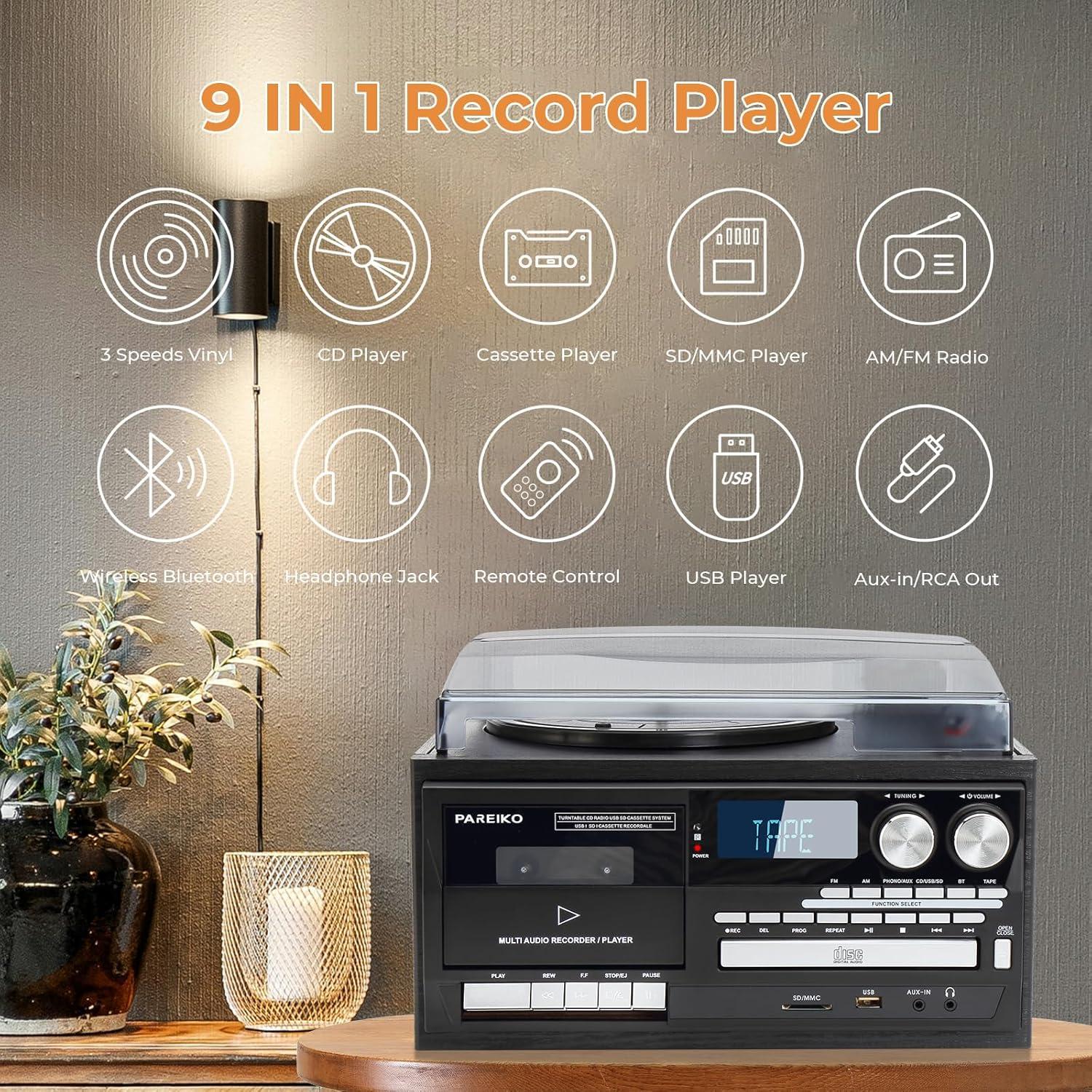 Tocadiscos Vintage 9-en-1 PAREIKO T408 Bluetooth Radio AM/FM