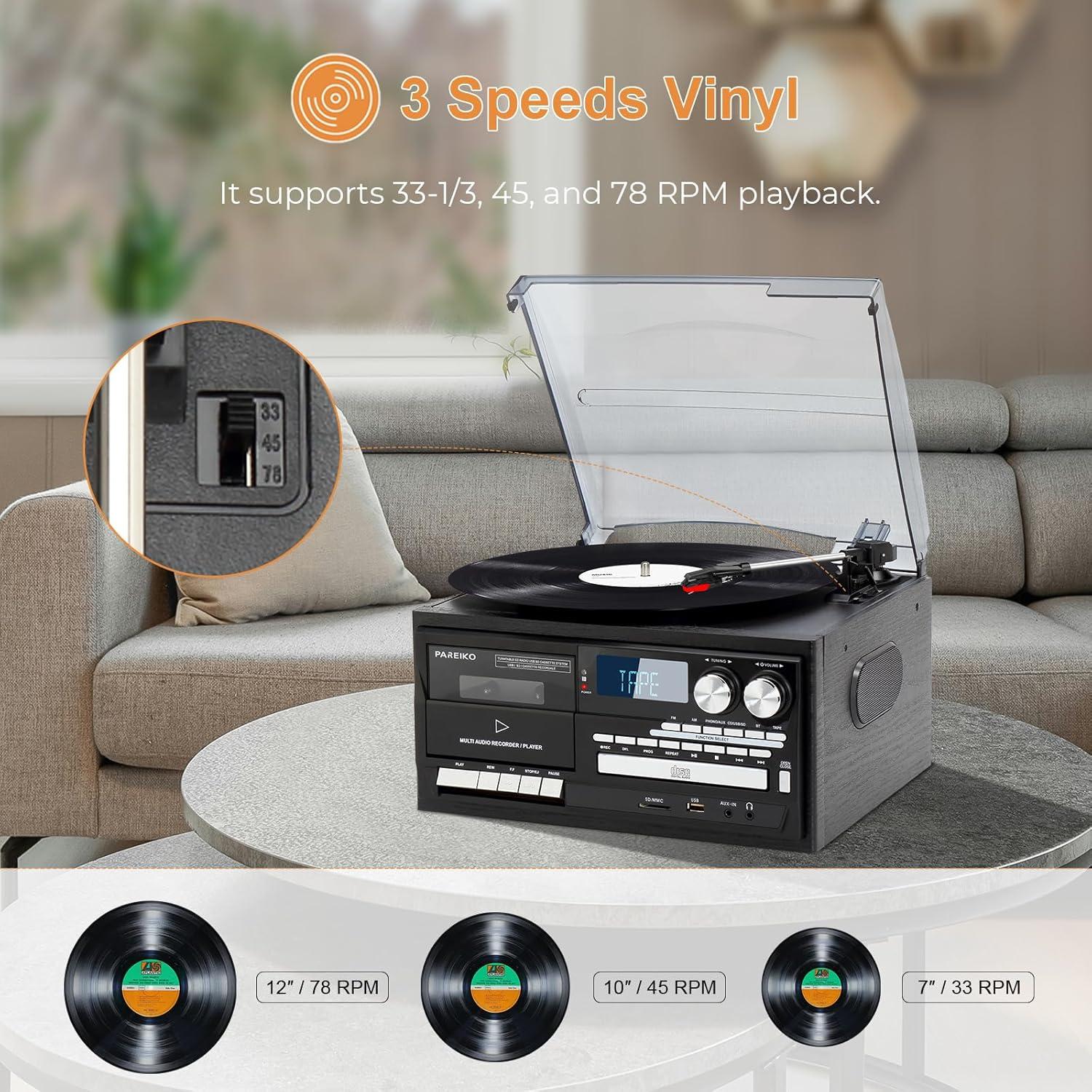 Tocadiscos Vintage 9-en-1 PAREIKO T408 Bluetooth Radio AM/FM