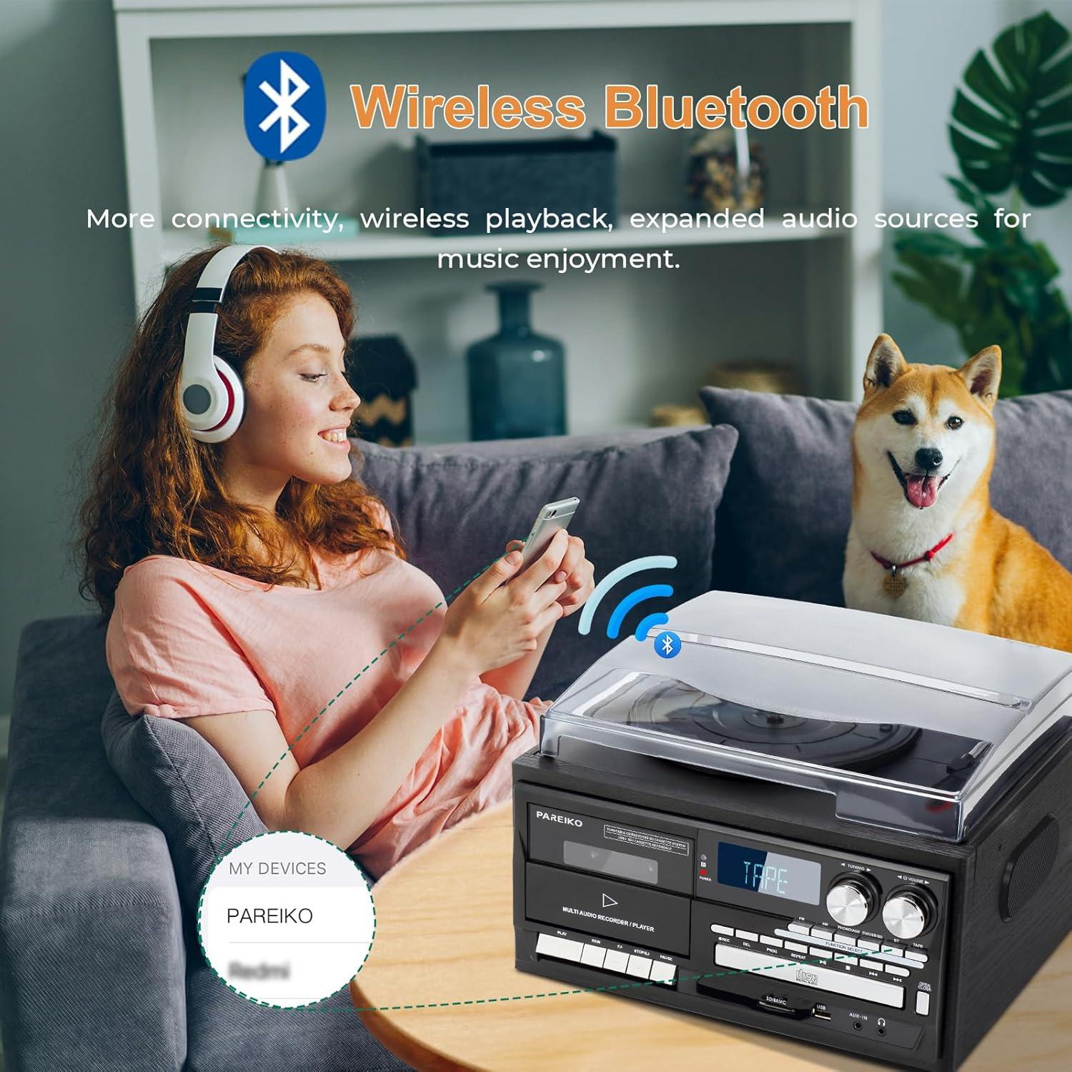 Tocadiscos Vintage 9-en-1 PAREIKO T408 Bluetooth Radio AM/FM