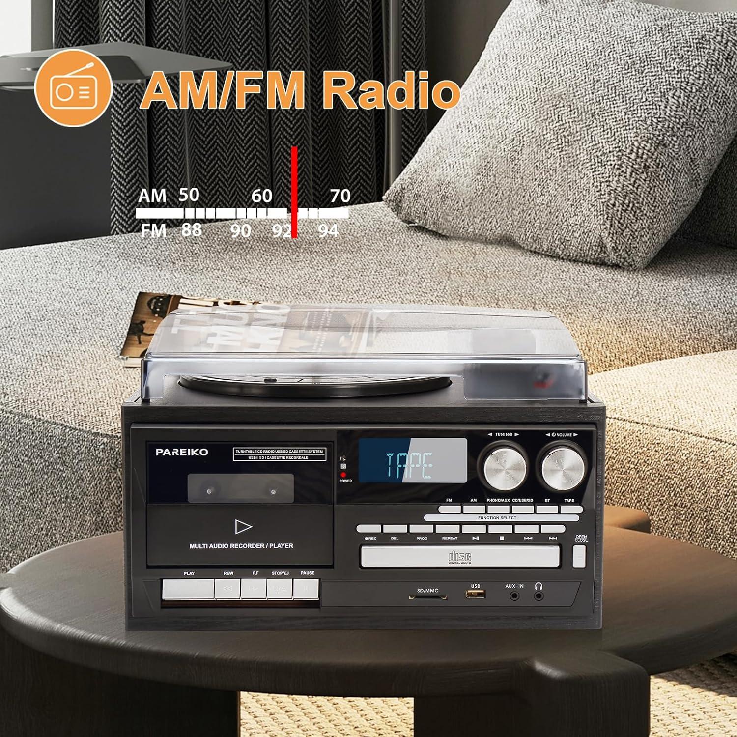 Tocadiscos Vintage 9-en-1 PAREIKO T408 Bluetooth Radio AM/FM