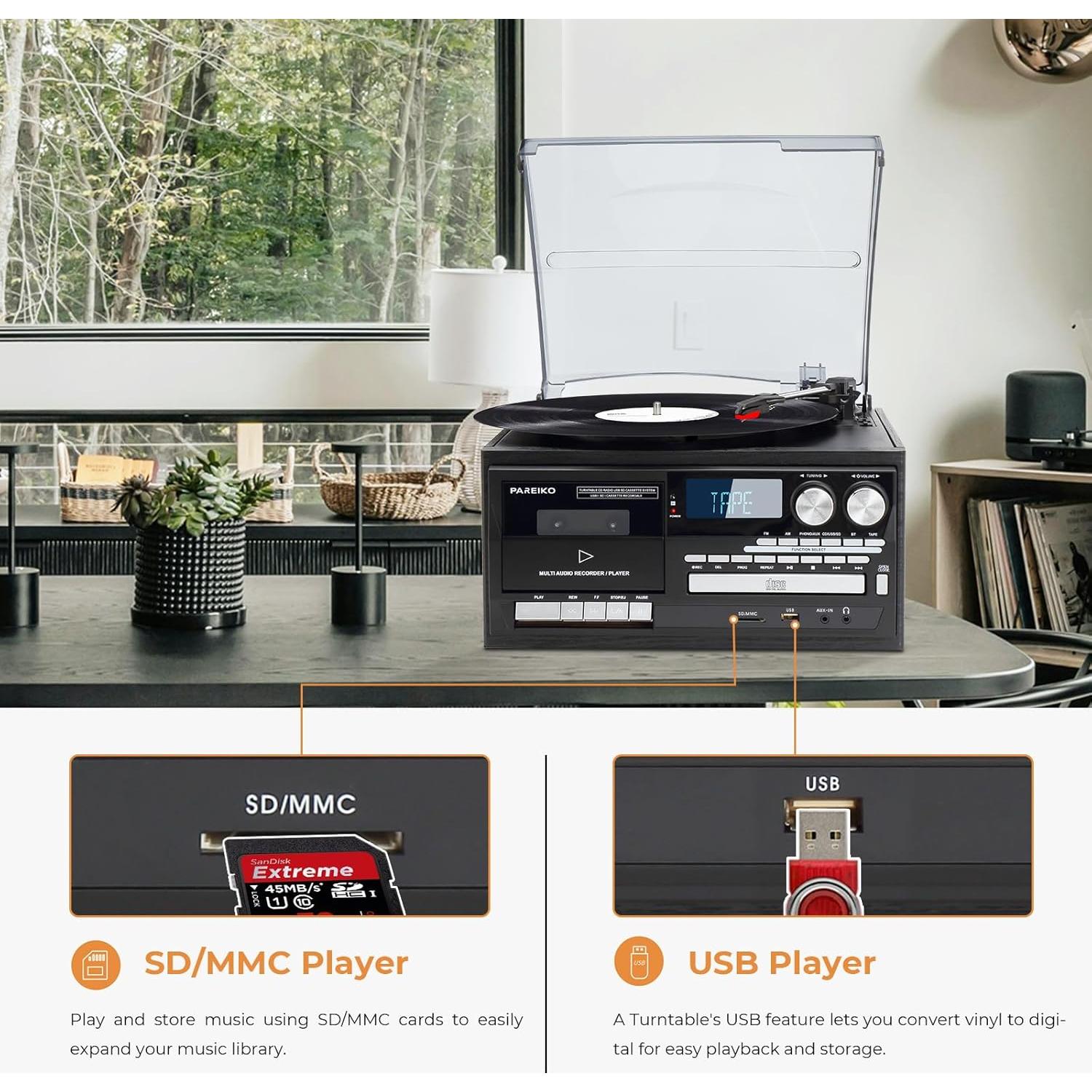 Tocadiscos Vintage 9-en-1 PAREIKO T408 Bluetooth Radio AM/FM