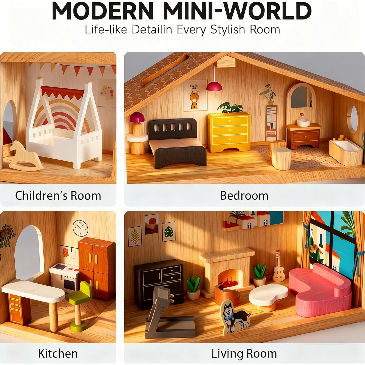 Casa de Muñecas de Madera ZippyZebra 6 Habitaciones 53 Piezas