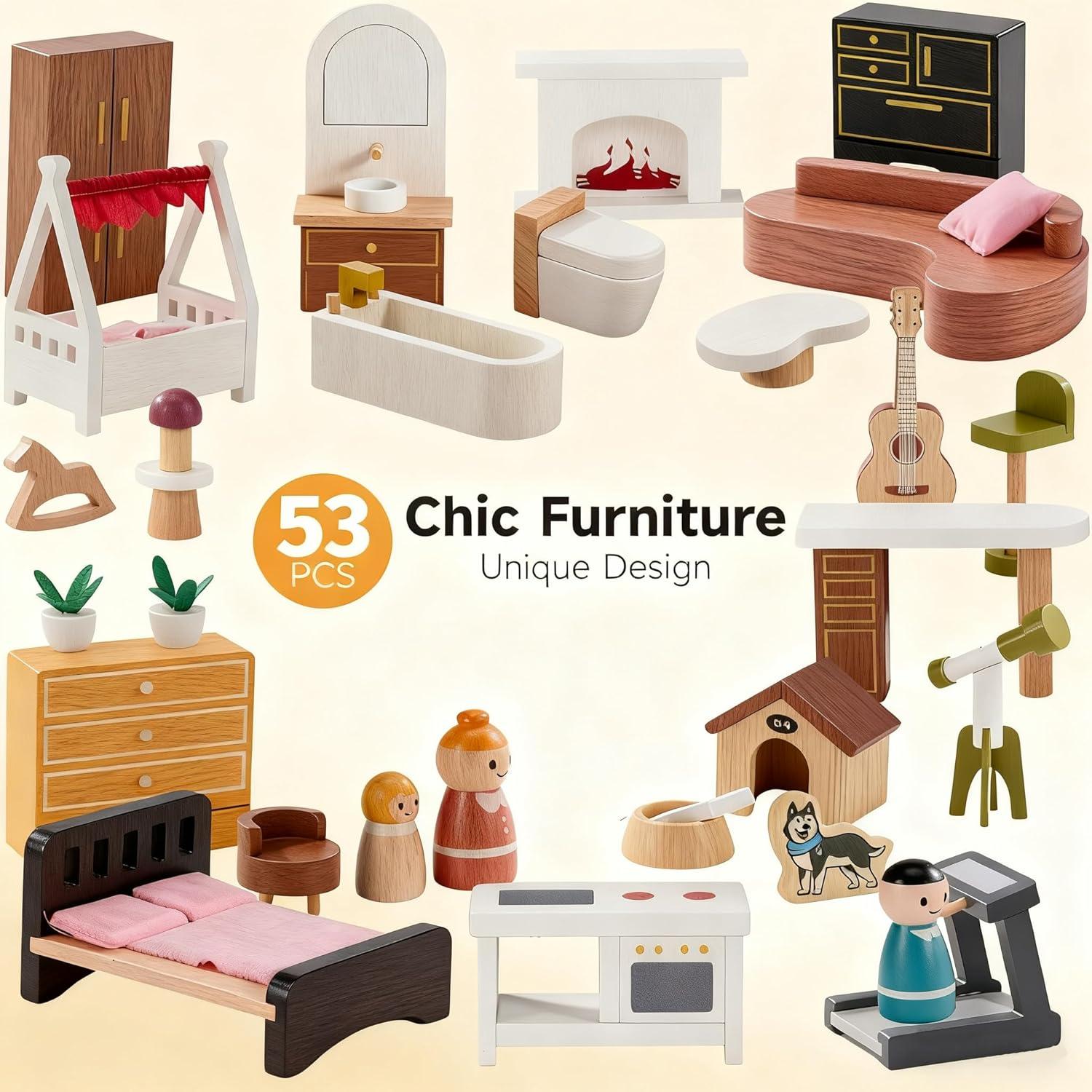 Casa de Muñecas de Madera ZippyZebra 6 Habitaciones 53 Piezas