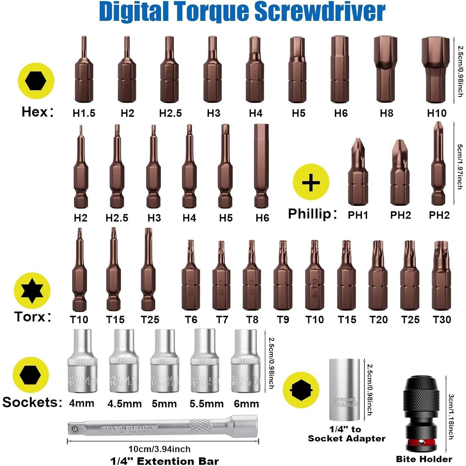 Destornillador de Par Digital ANPUDS 0.045-3 Nm 42PCS