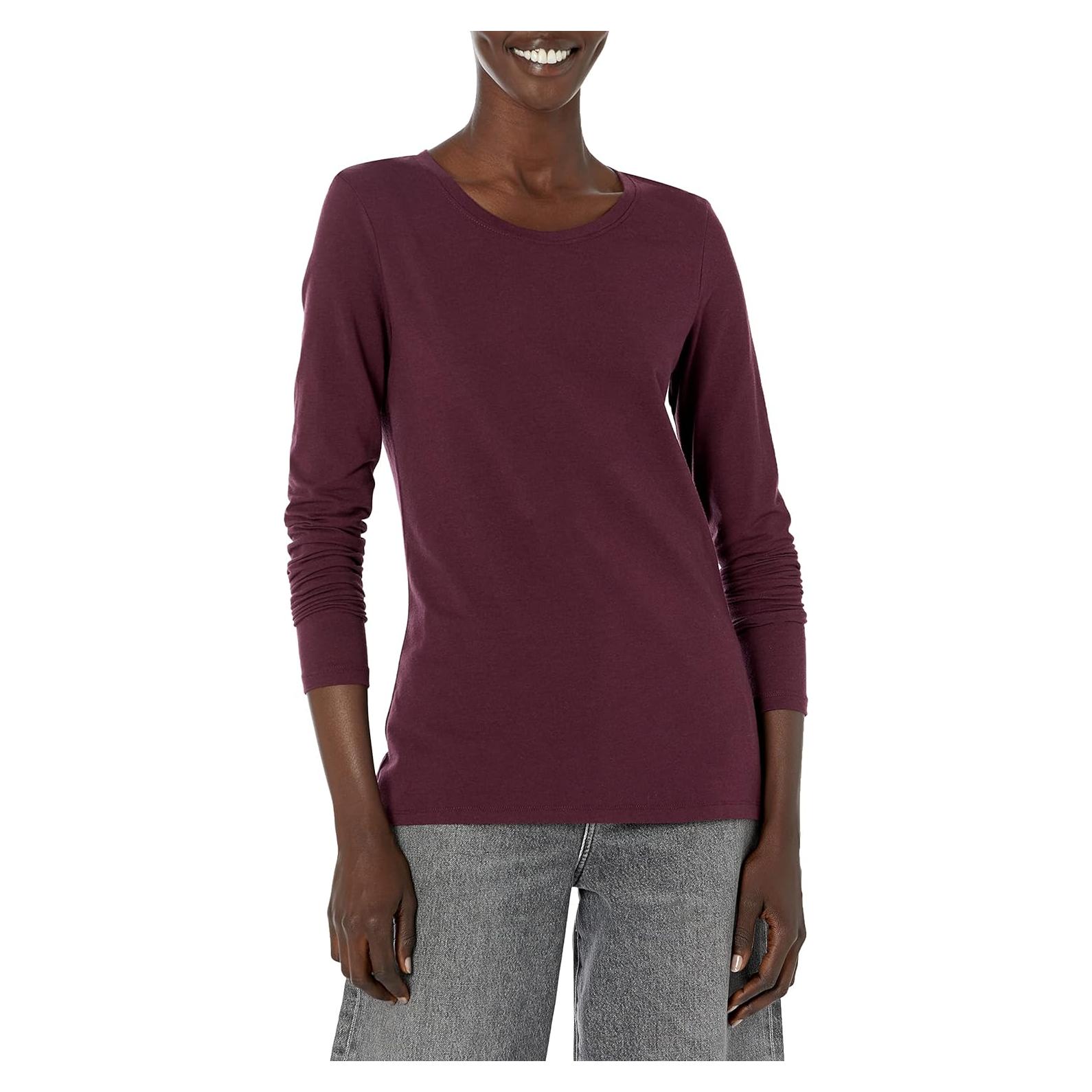 Camiseta de Manga Larga Amazon Essentials Mujer Burdeos X-Pequeño