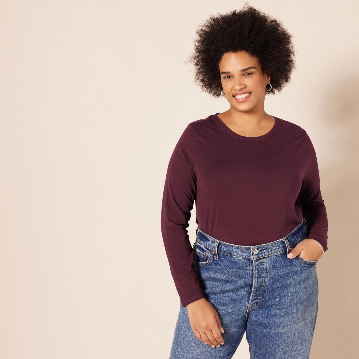 Camiseta de Manga Larga Amazon Essentials Mujer Burdeos X-Pequeño