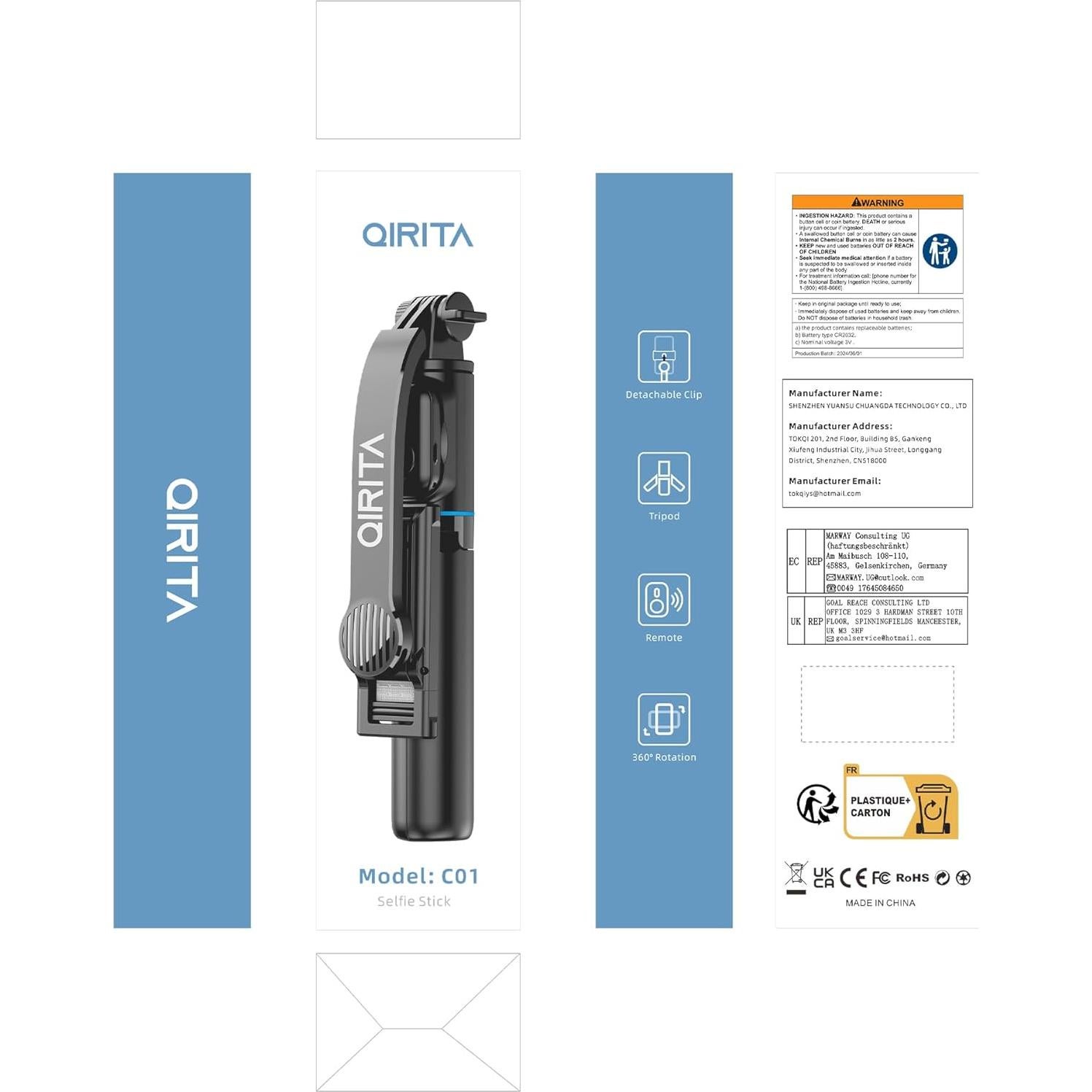 Bastón de Selfie Extensible Qirita 41" (104 cm) con Trípode