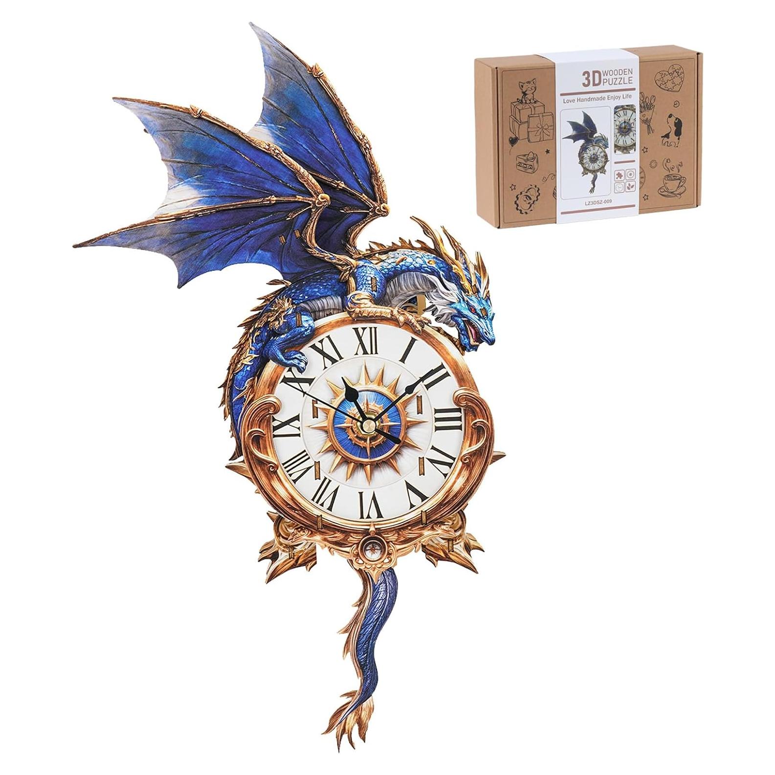 Rompecabezas 3D de Madera Rnfinewow Dragón Azul con Reloj