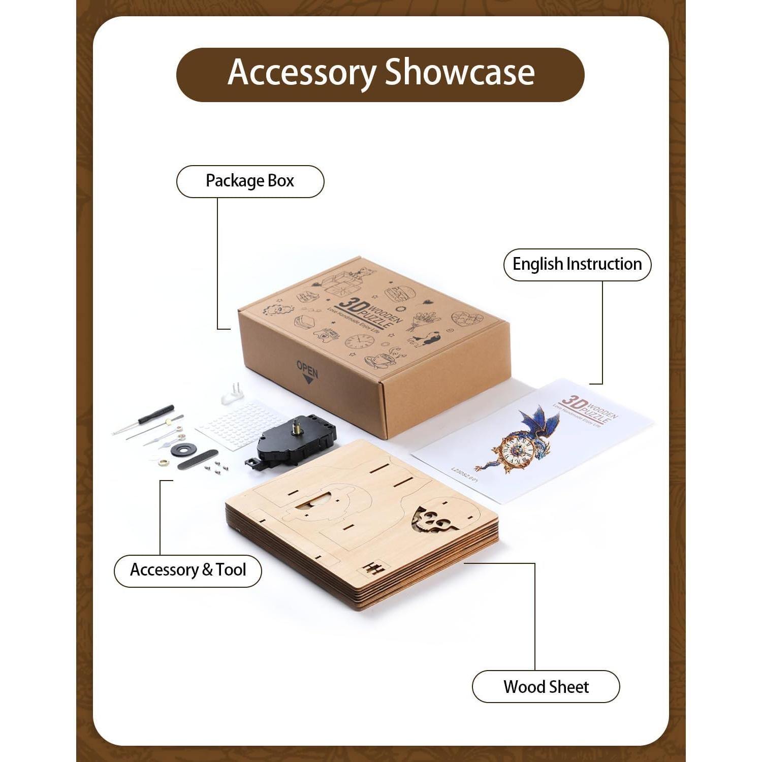 Rompecabezas 3D de Madera Rnfinewow Dragón Azul con Reloj