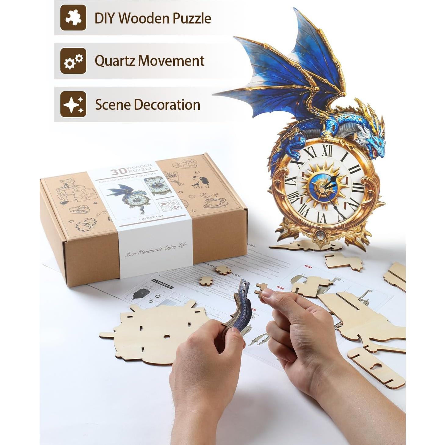 Rompecabezas 3D de Madera Rnfinewow Dragón Azul con Reloj