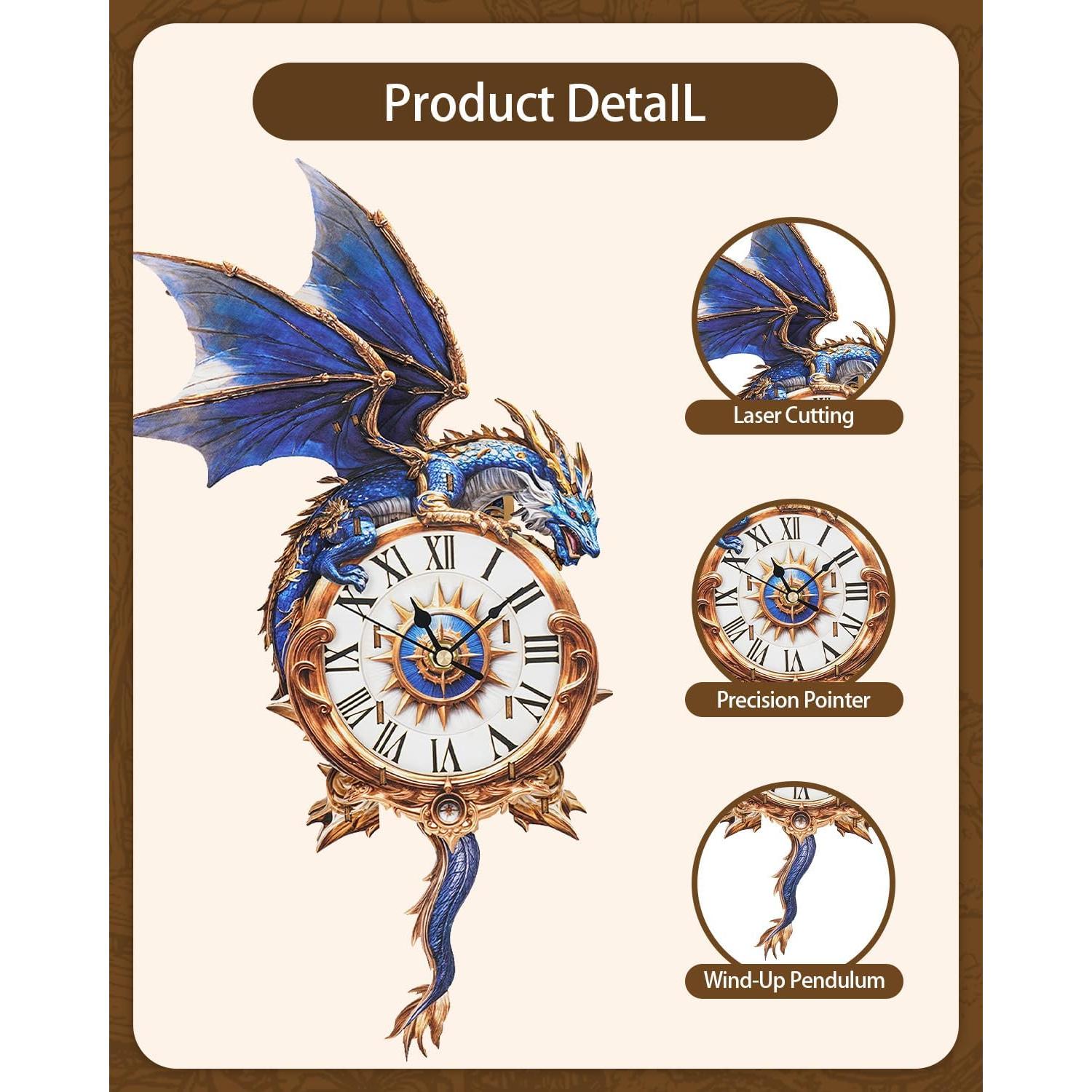 Rompecabezas 3D de Madera Rnfinewow Dragón Azul con Reloj