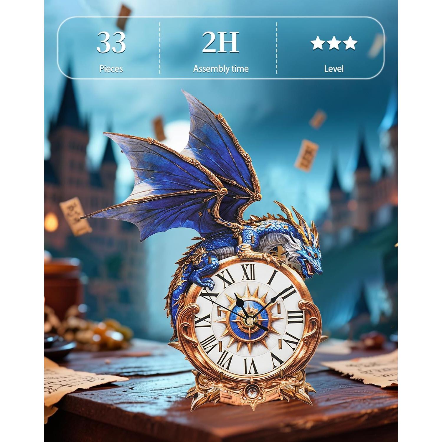 Rompecabezas 3D de Madera Rnfinewow Dragón Azul con Reloj