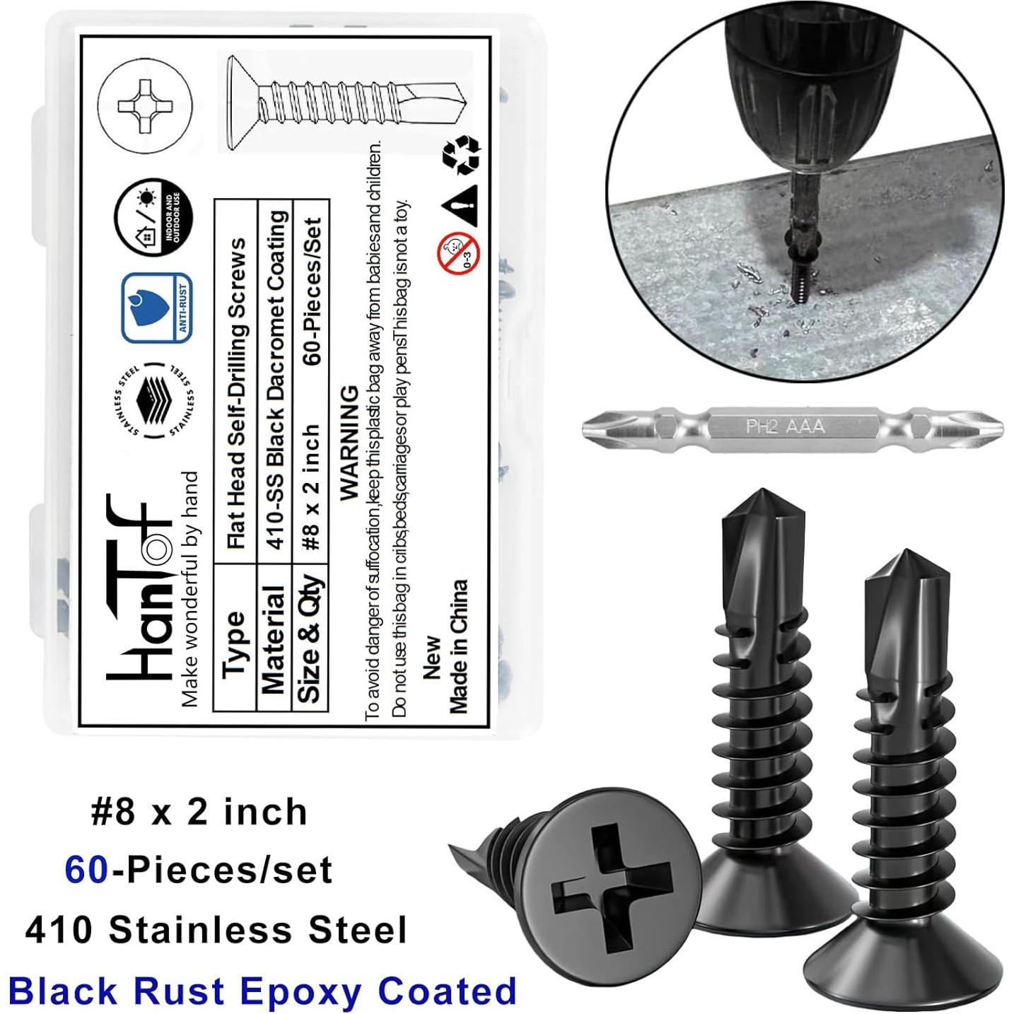 60 Tornillos Autoperforantes HanTof Acero Inoxidable #8 x 50mm