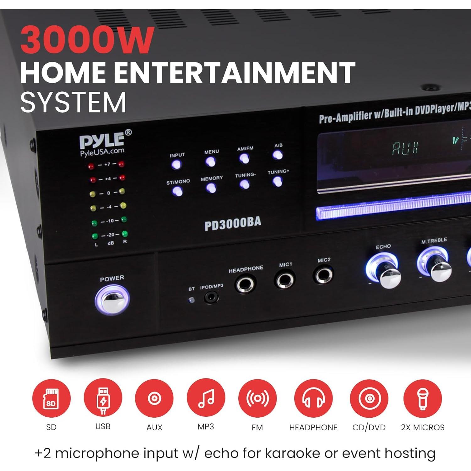 Amplificador Receptor Bluetooth Pyle PD3000BT 3000W 4 Canales