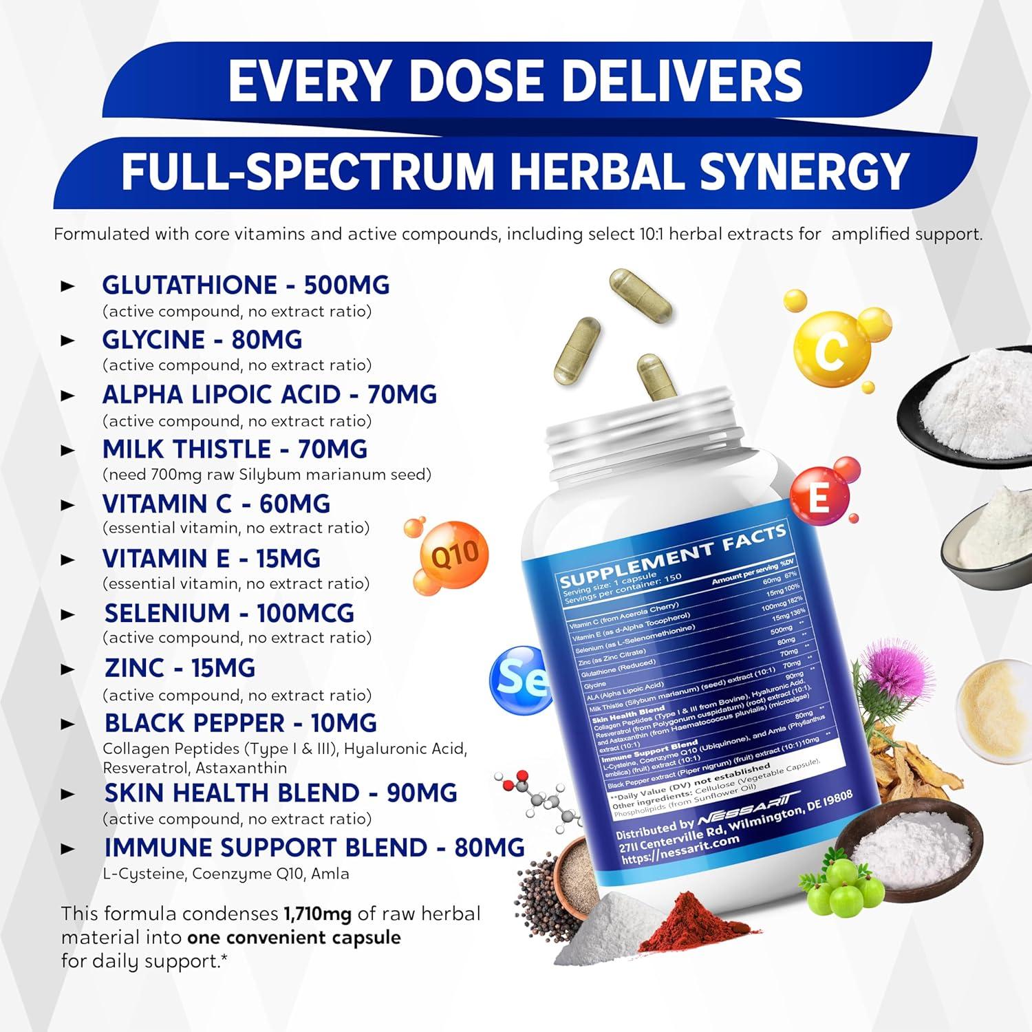 Glutathione, Vitamin C, Glycine, Alpha Lipoic Acid & Milk Thistle – Support Immunity & Radiant Skin – 150 Capsules – Made in USA