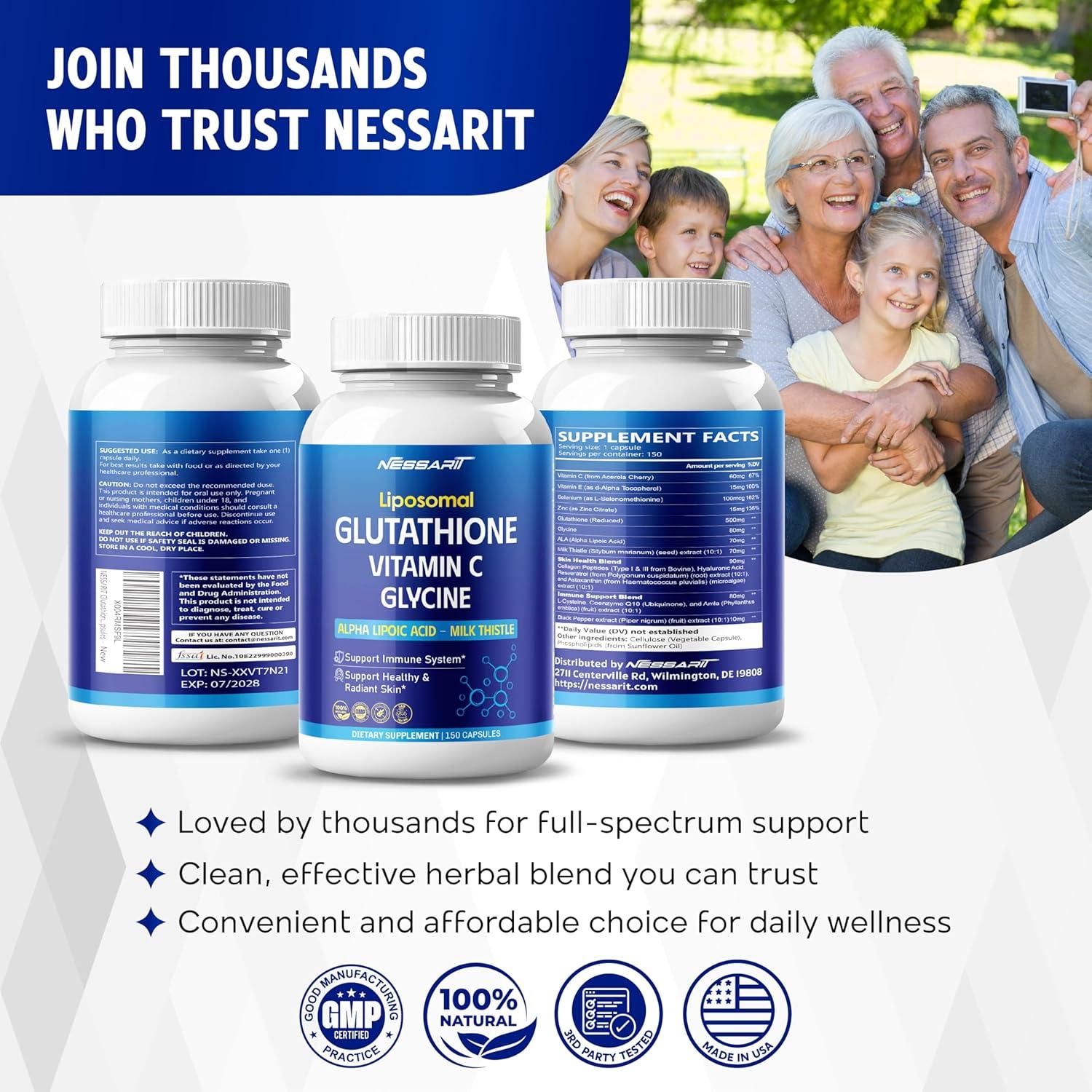Glutathione, Vitamin C, Glycine, Alpha Lipoic Acid & Milk Thistle – Support Immunity & Radiant Skin – 150 Capsules – Made in USA