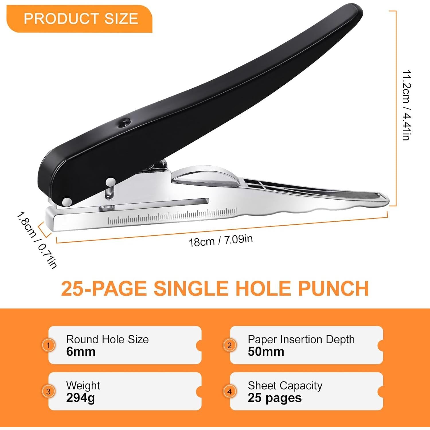 Perforadora de un solo agujero HNONPW 6mm Negra para 25 hojas