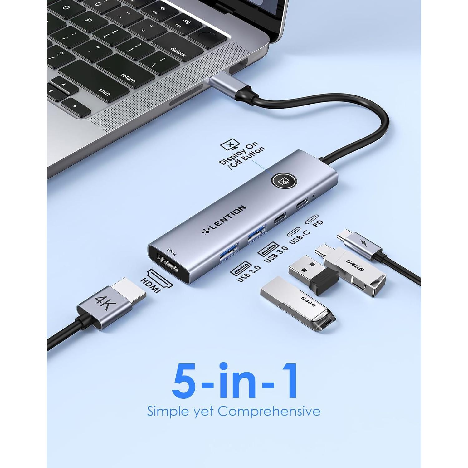Lention Hub USB C 5-en-1 con HDMI 4K, Carga 100W, USB A 3.0