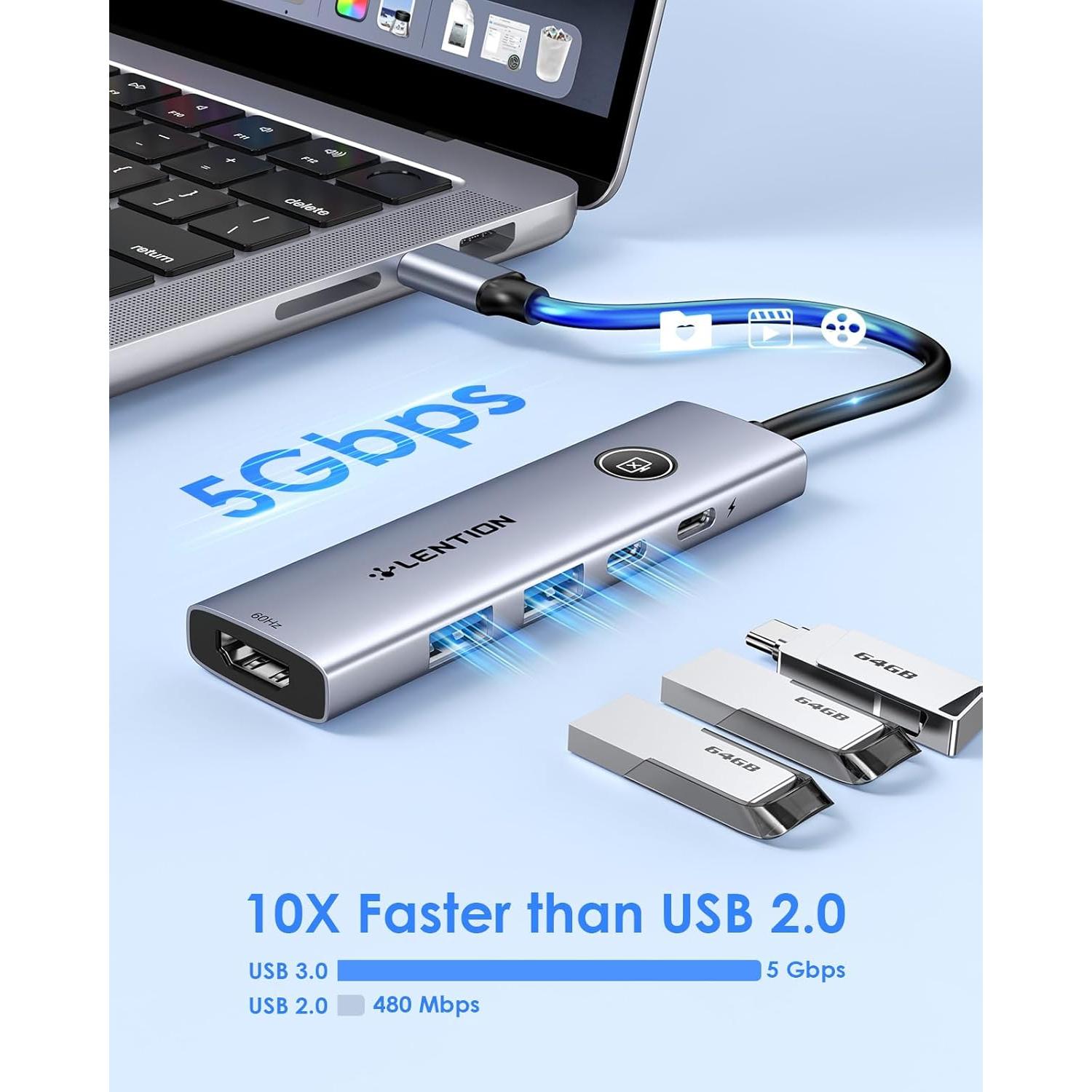 Lention Hub USB C 5-en-1 con HDMI 4K, Carga 100W, USB A 3.0