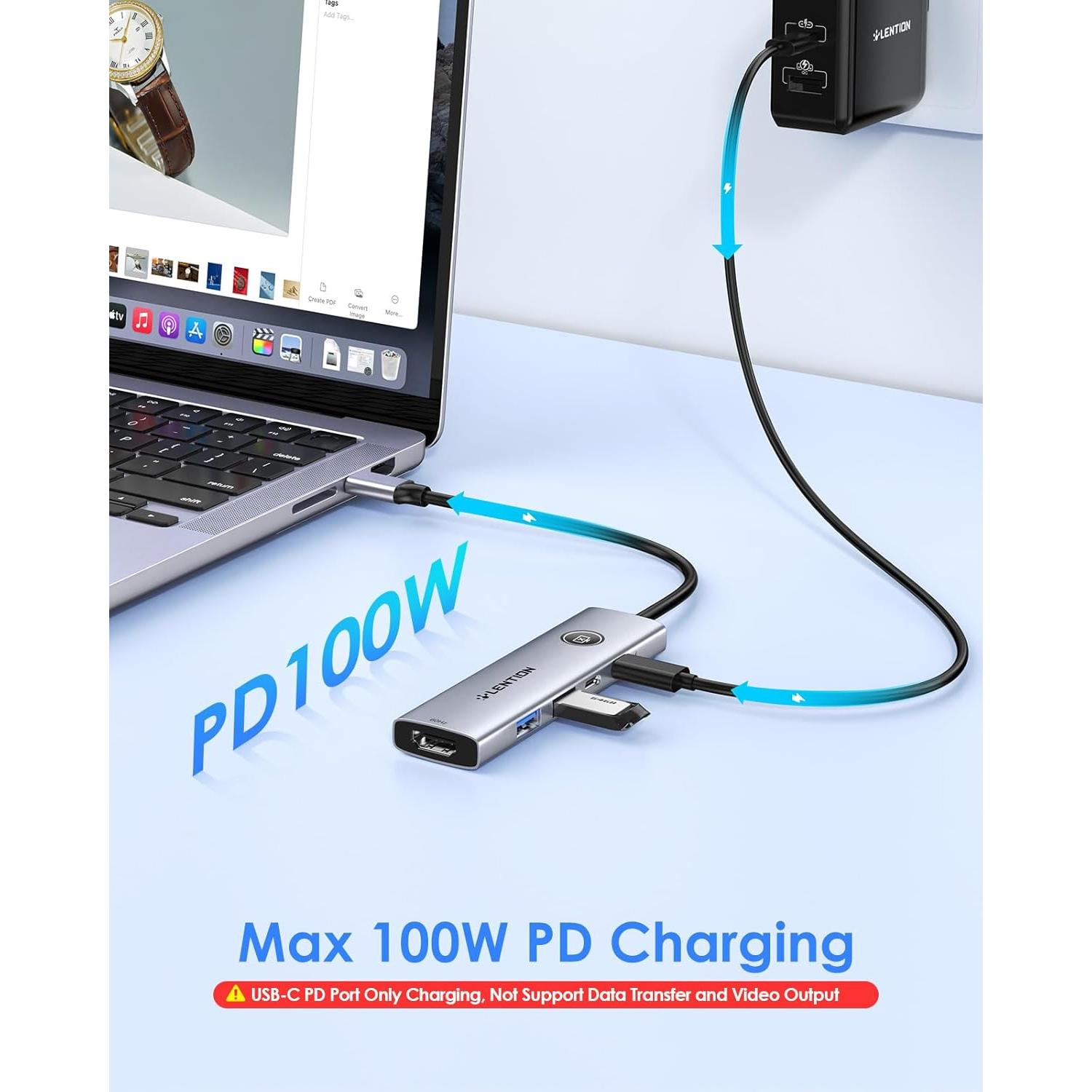 Lention Hub USB C 5-en-1 con HDMI 4K, Carga 100W, USB A 3.0