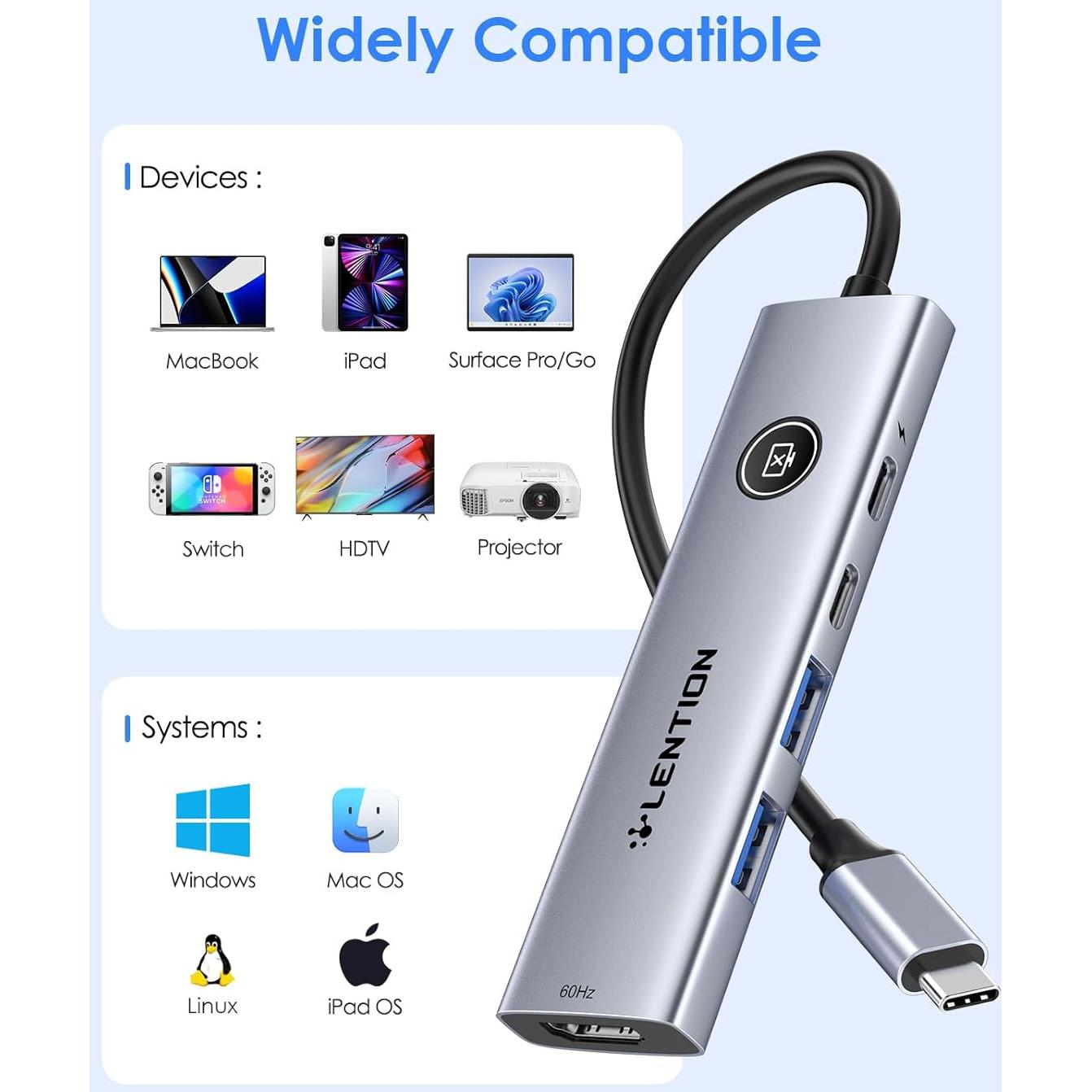 Lention Hub USB C 5-en-1 con HDMI 4K, Carga 100W, USB A 3.0