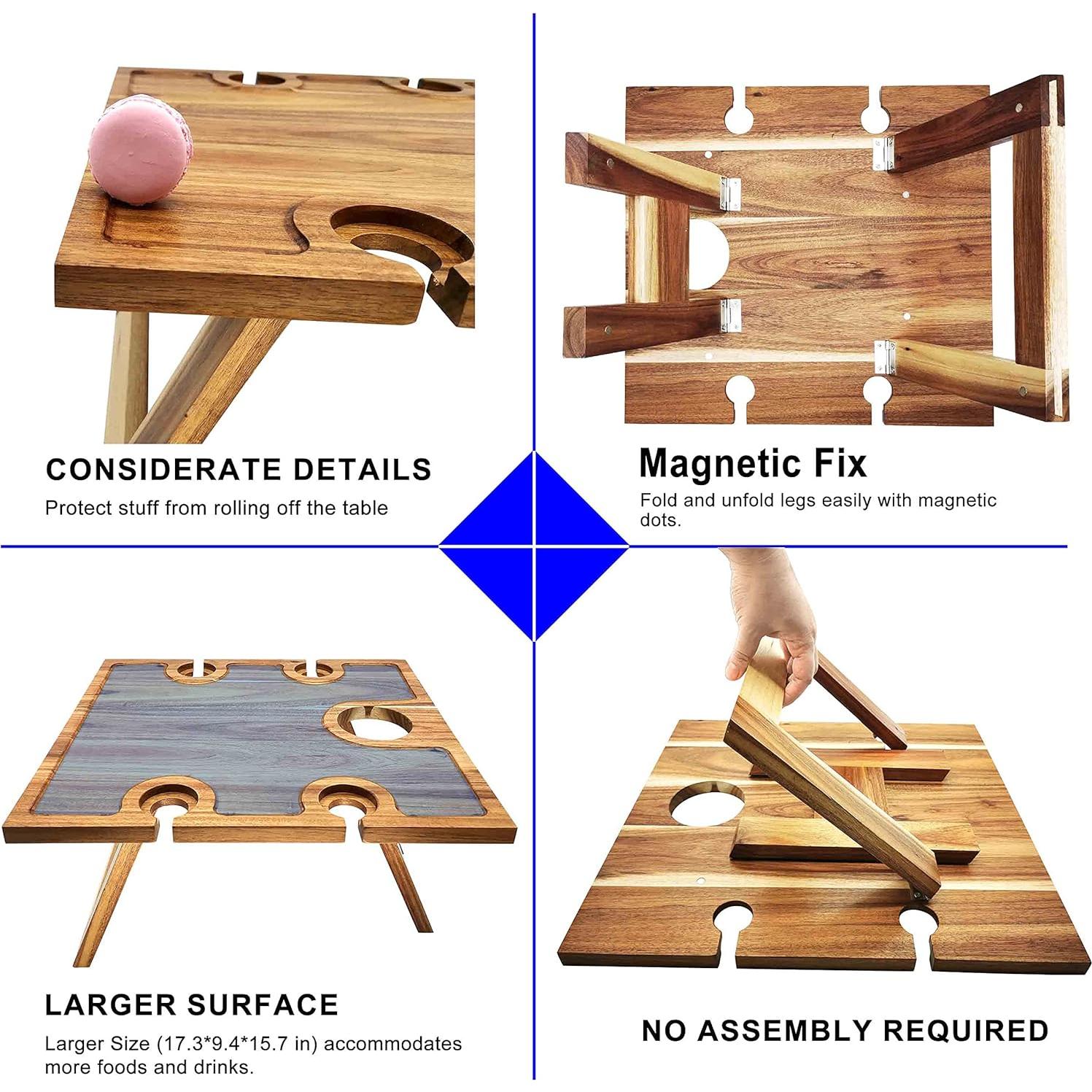 Mesa de Picnic Plegable SASIDO de Acacia para Vino y Snacks
