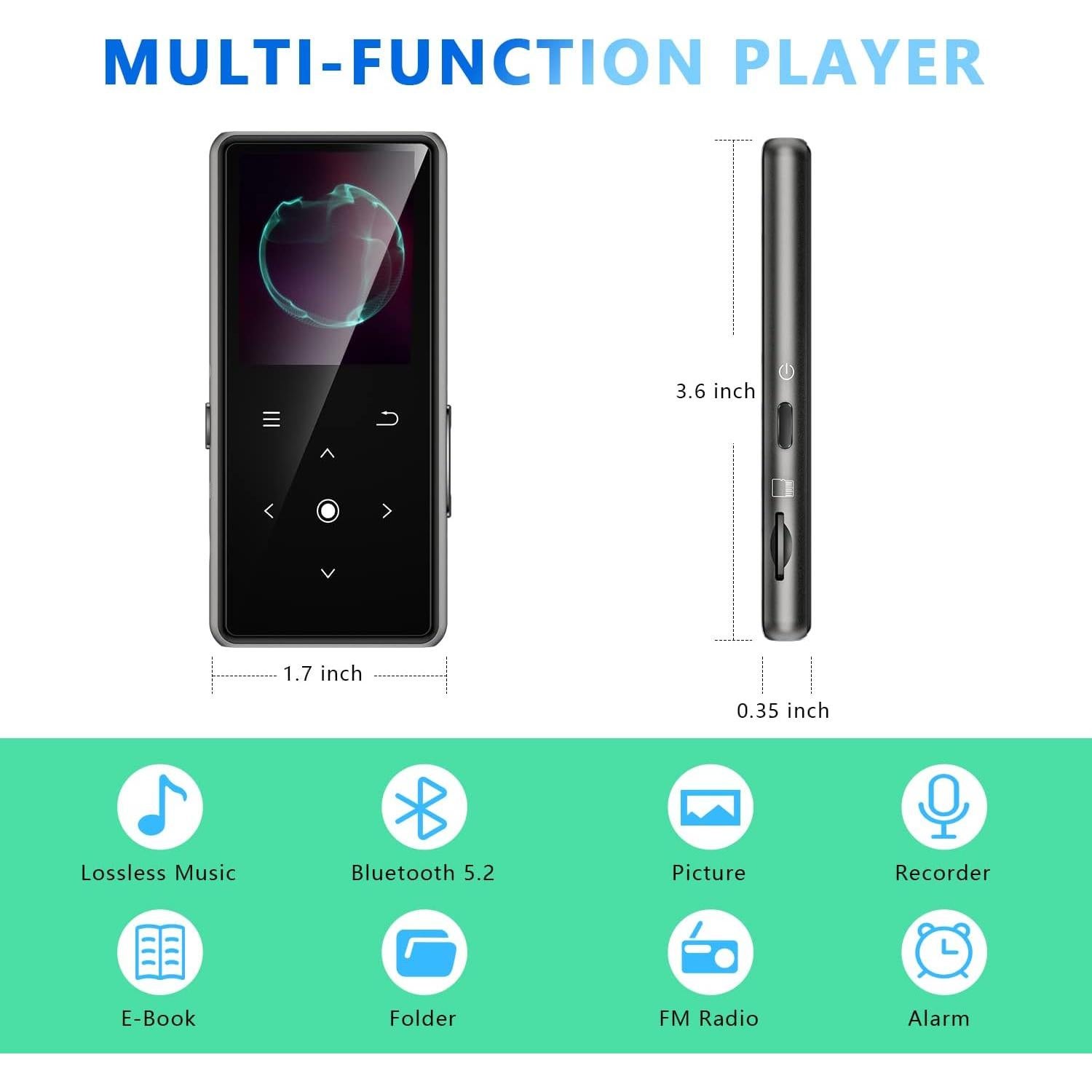 Reproductor MP3 AiMoonsa 64GB Bluetooth 5.2 Altavoz HD