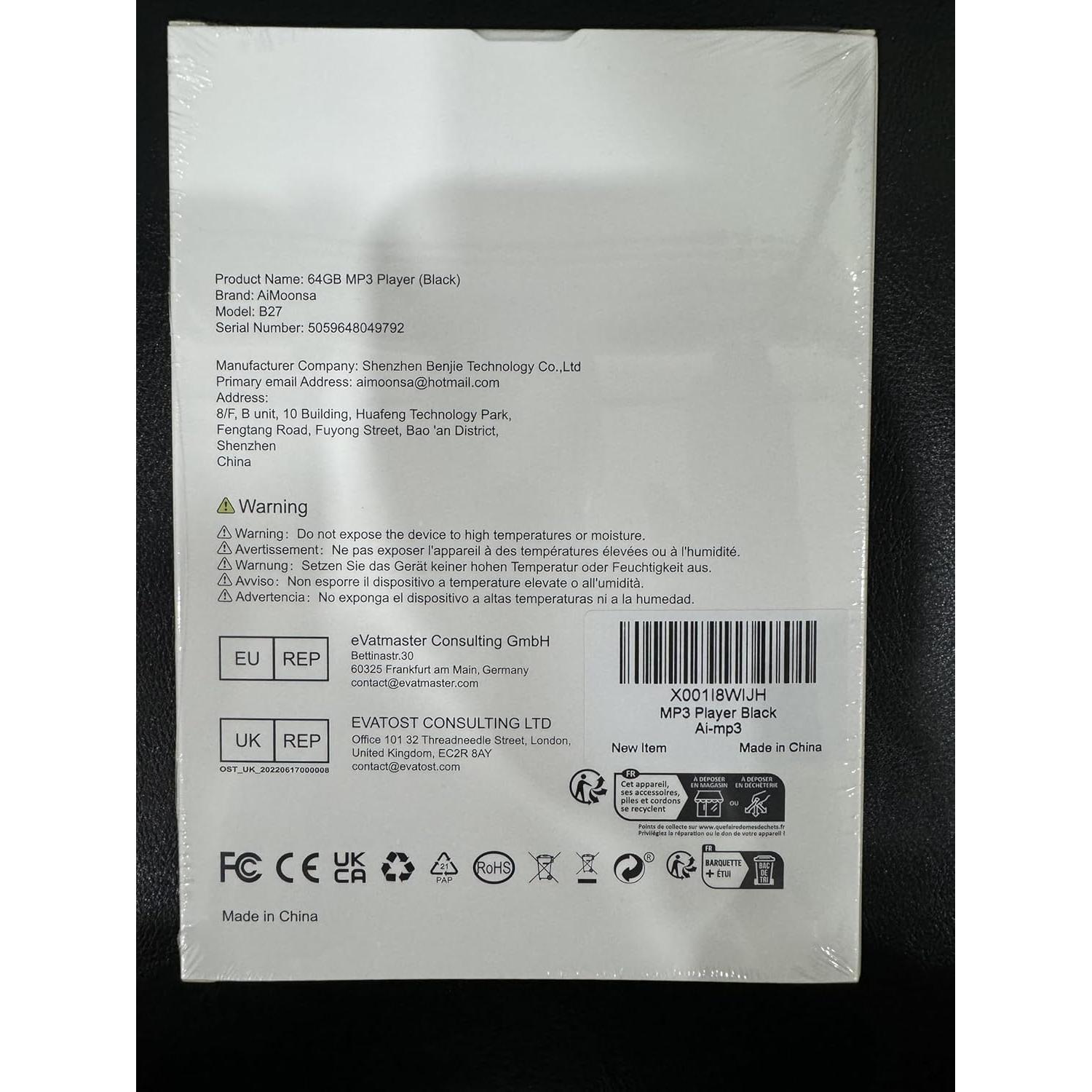 Reproductor MP3 AiMoonsa 64GB Bluetooth 5.2 Altavoz HD