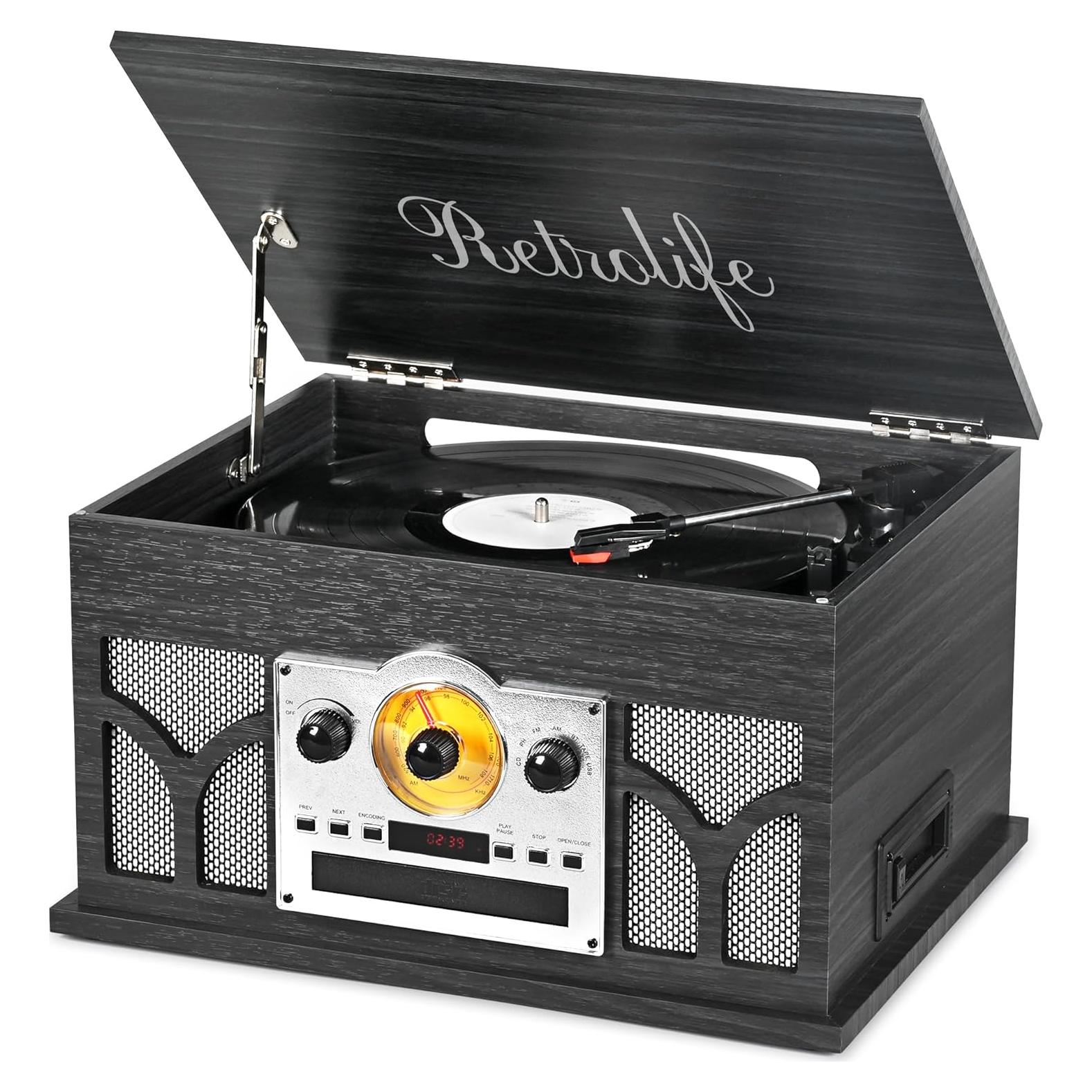 Reproductor de Vinilo 10-en-1 Retrolife Negro con Bluetooth