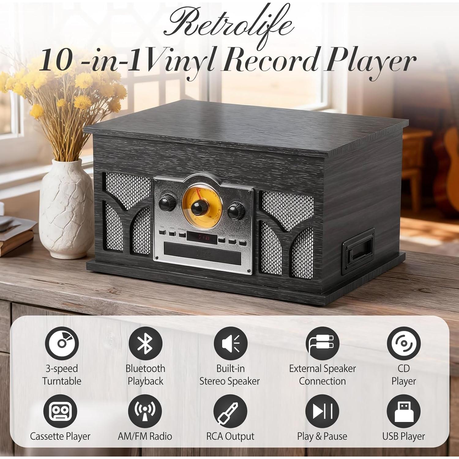 Reproductor de Vinilo 10-en-1 Retrolife Negro con Bluetooth
