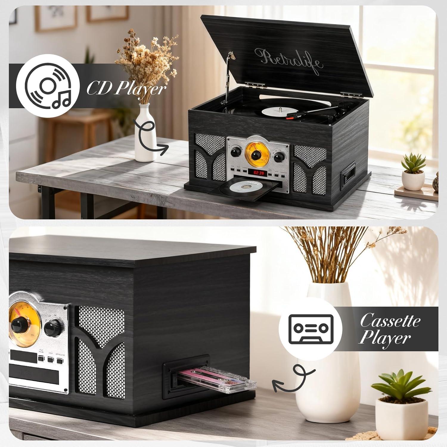 Reproductor de Vinilo 10-en-1 Retrolife Negro con Bluetooth