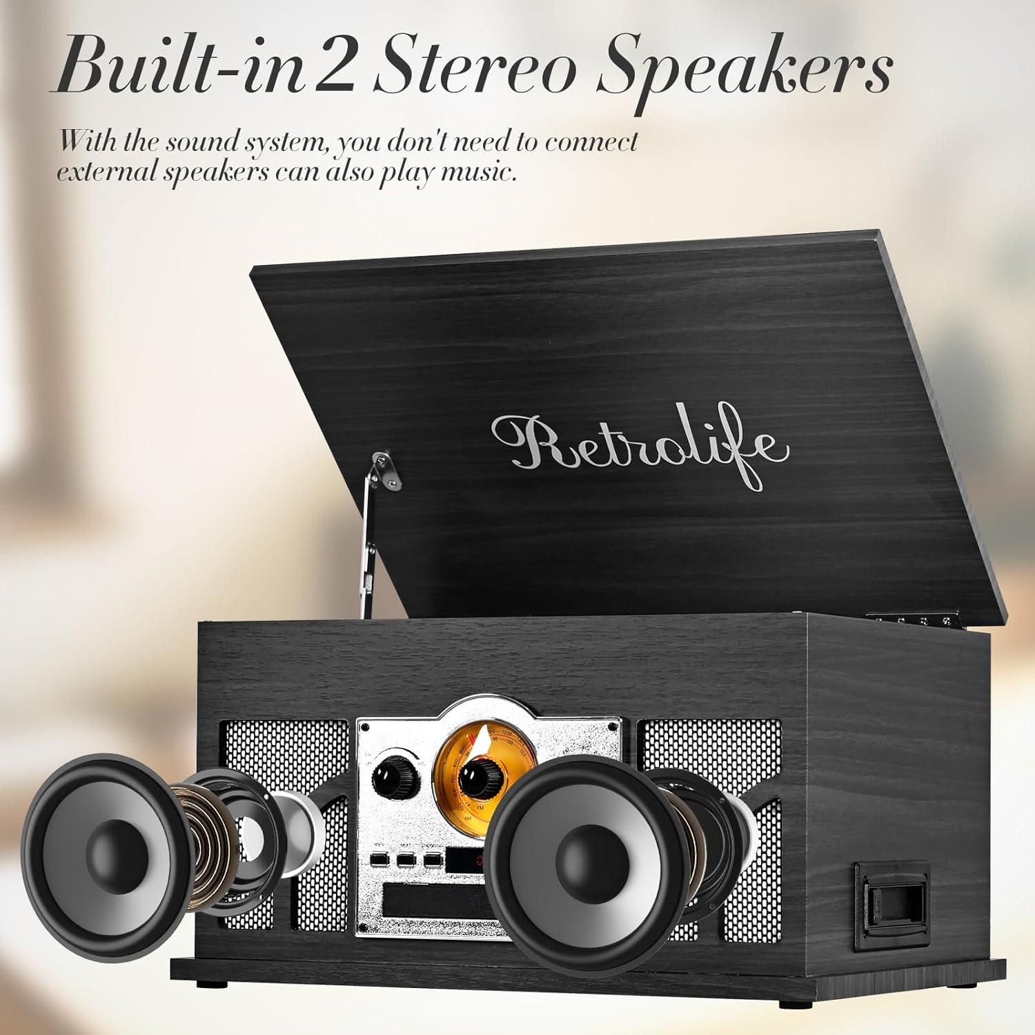 Reproductor de Vinilo 10-en-1 Retrolife Negro con Bluetooth